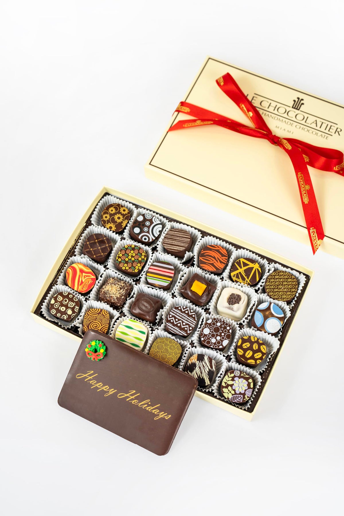 Le Chocolatier Happy Holidays Gourmet Lactose Free, Vegan Friendly Chocolate Truffle Gift Box - Perfect for Chistmas & New Years Gifts (24 Piece Box)