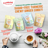 CORNICHE Sugar Free, Turmeric Ginger Candy Chewy, 4 Flavor Mix "Orange, Lemon, Mint And Mango". (Pack of 1)