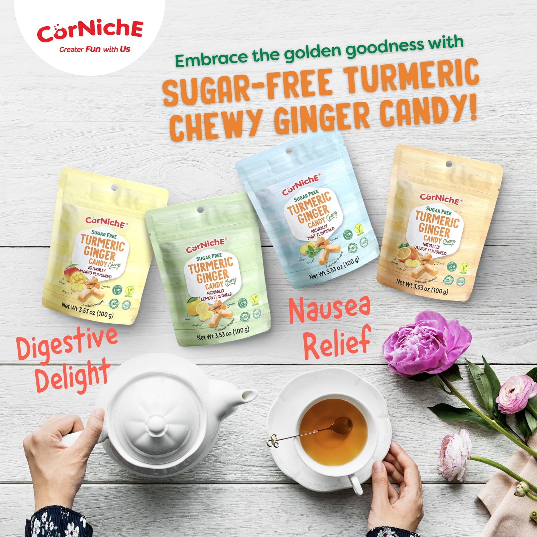 CORNICHE Sugar Free, Turmeric Ginger Candy Chewy, 4 Flavor Mix "Orange, Lemon, Mint And Mango". (Pack of 1)