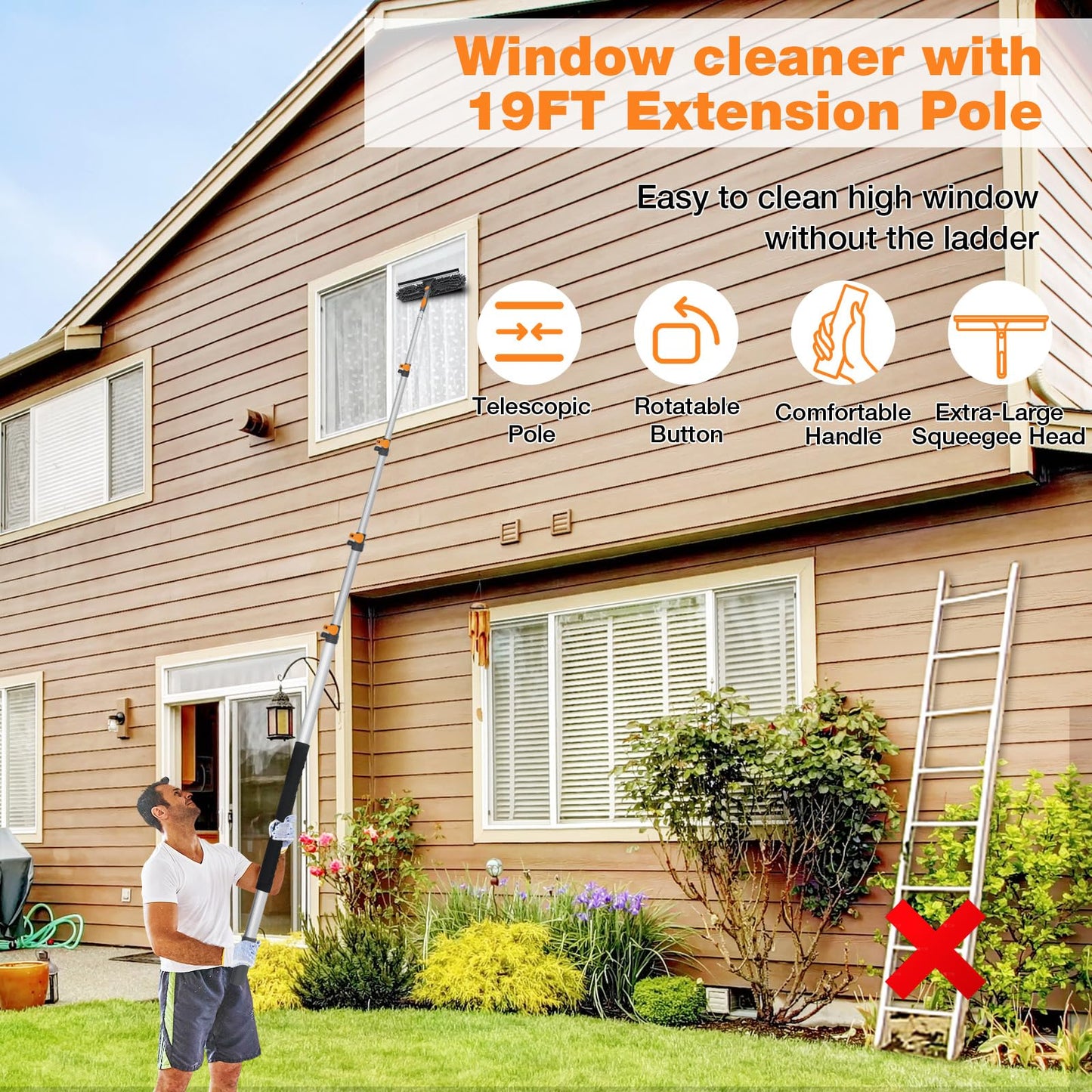 26Ft Window Squeegee with 5-19 FT Extension Poles, 2-in-1 Window Cleaning Kit with Telescopic Pole, Extra-Large 14" Window Squeegee Window Cleaner