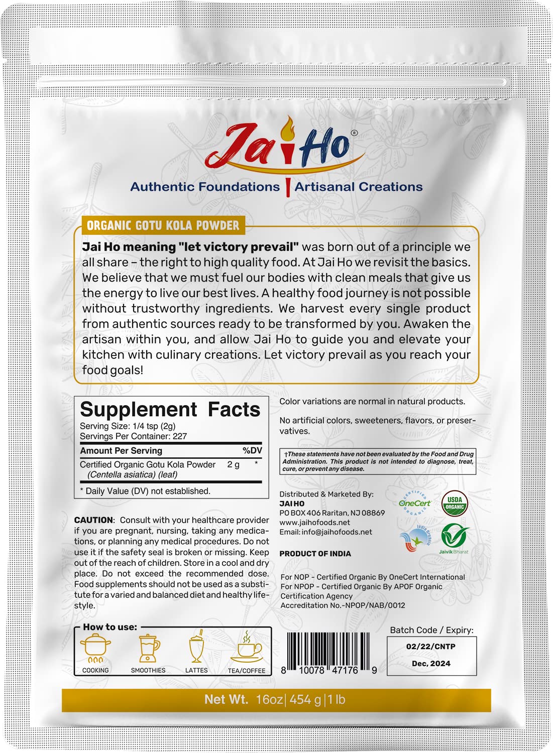 Jai Ho Certified USDA Organic Gotu Kola Powder - 1 LB - Gluten-Free, Vegan, Non-GMO - Resealable Zip Lock Pouch