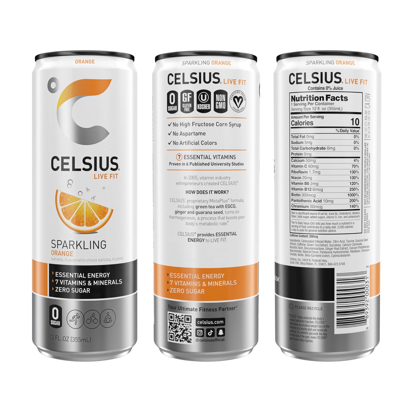 CELSIUS Sparkling Orange, Sugar Free Energy Drink, 12 Fl Oz (Pack of 4)