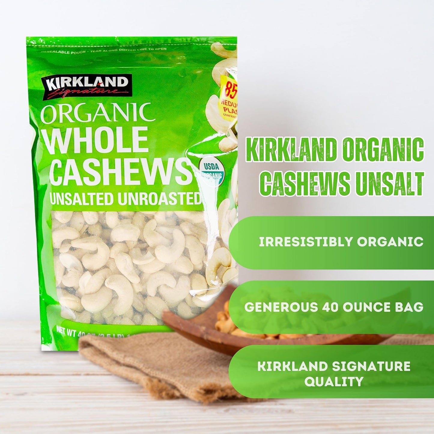 Worldwide Nutrition Bundle: Kirkland Signature Organic Whole Cashews Unsalted Unroasted - Perfect for Snacking, Cooking, and Gifting - 40 Ounce Cashew