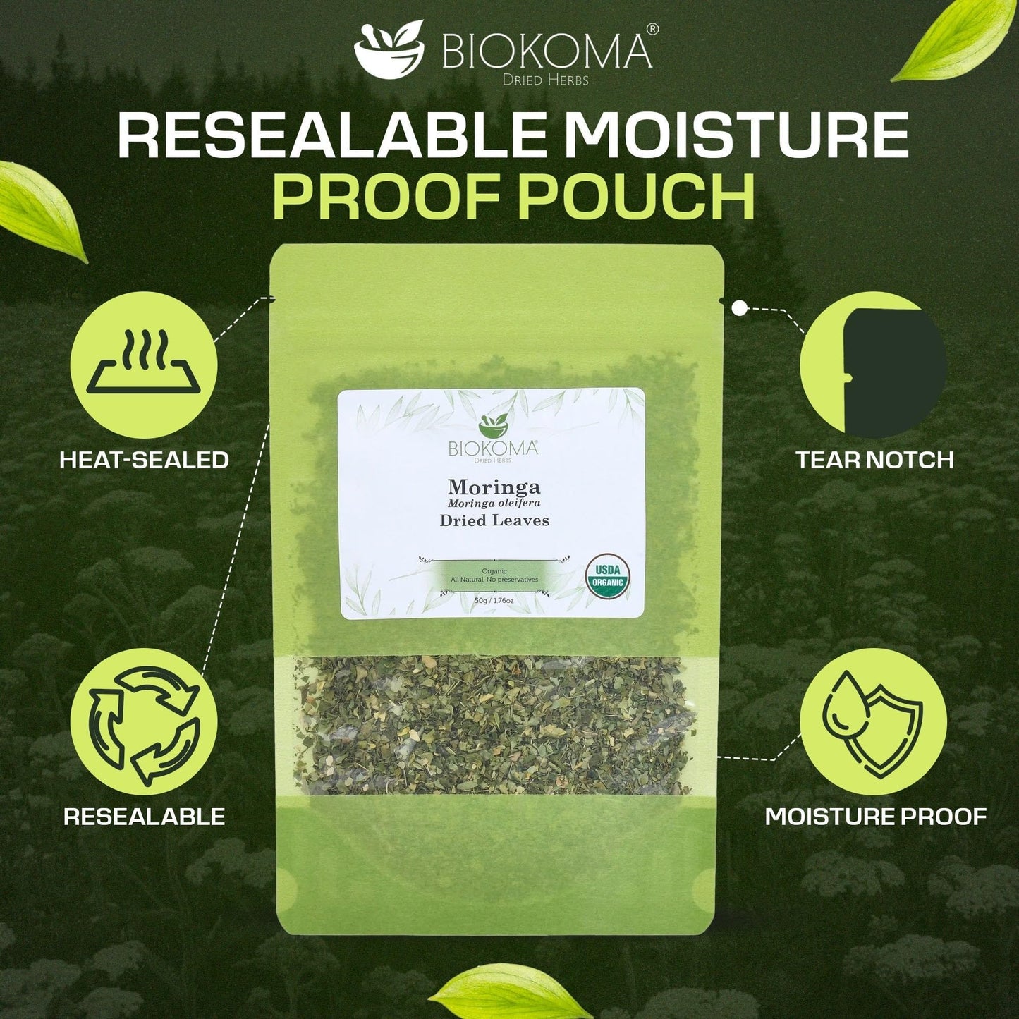 Biokoma Organic Moringa Dried Leaves 50g (1.76oz) Moringa oleifera - Brain Boost Digestion Support Resealable Moisture Proof Pouch USDA Organic Herbal