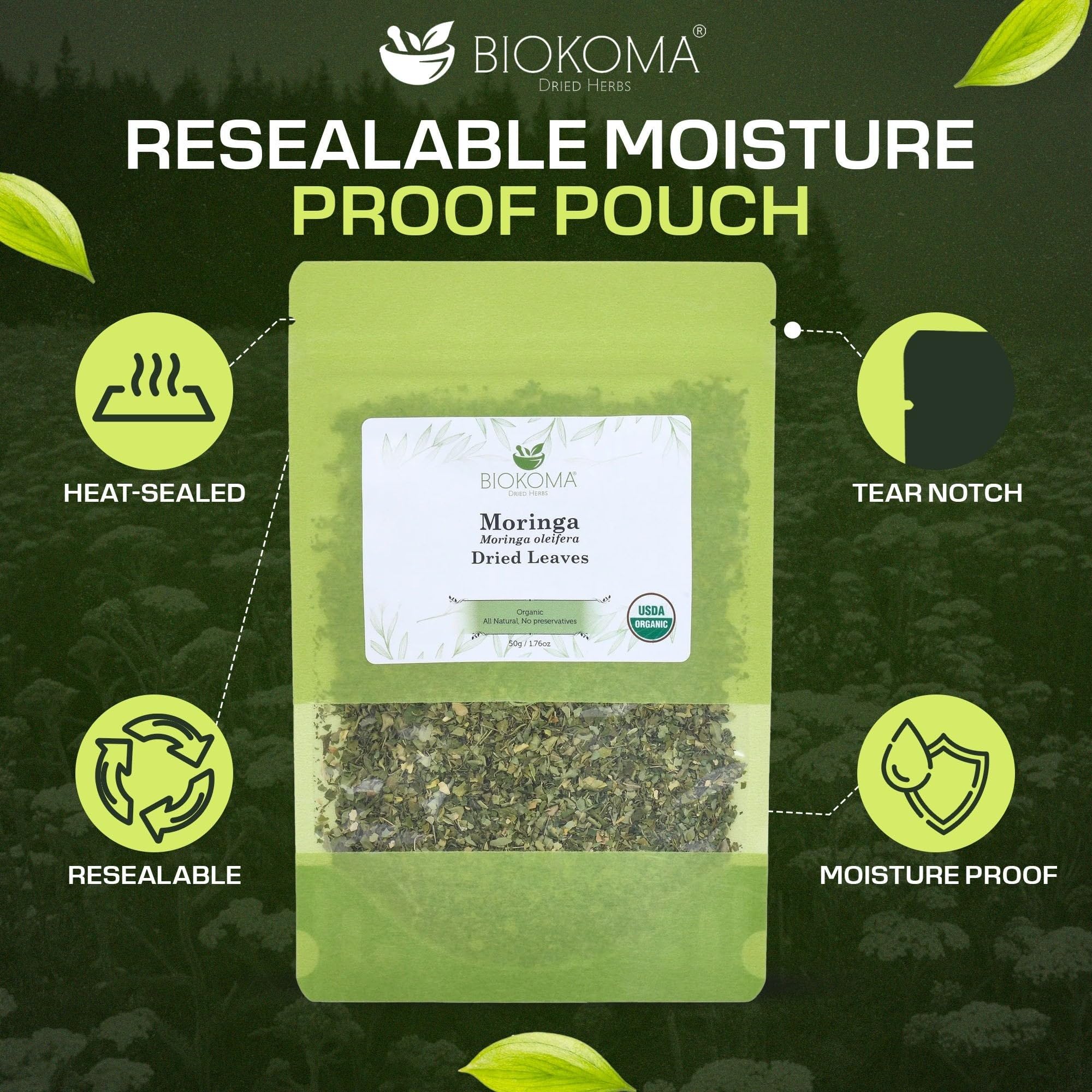 Biokoma Organic Moringa Dried Leaves 50g (1.76oz) Moringa oleifera - Brain Boost Digestion Support Resealable Moisture Proof Pouch USDA Organic Herbal