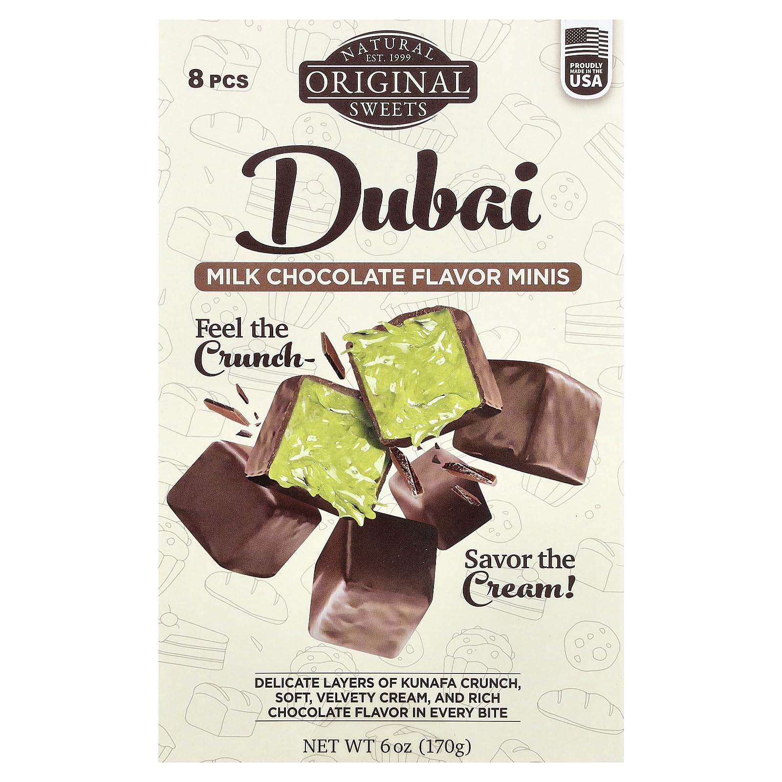 Original Natural Sweets - Dubai Chocolate Minis Savor The Pistachio Cream Feel The Crunch 6 oz | Luxury Rich Chocolate, Delicate Layers of Kunafa