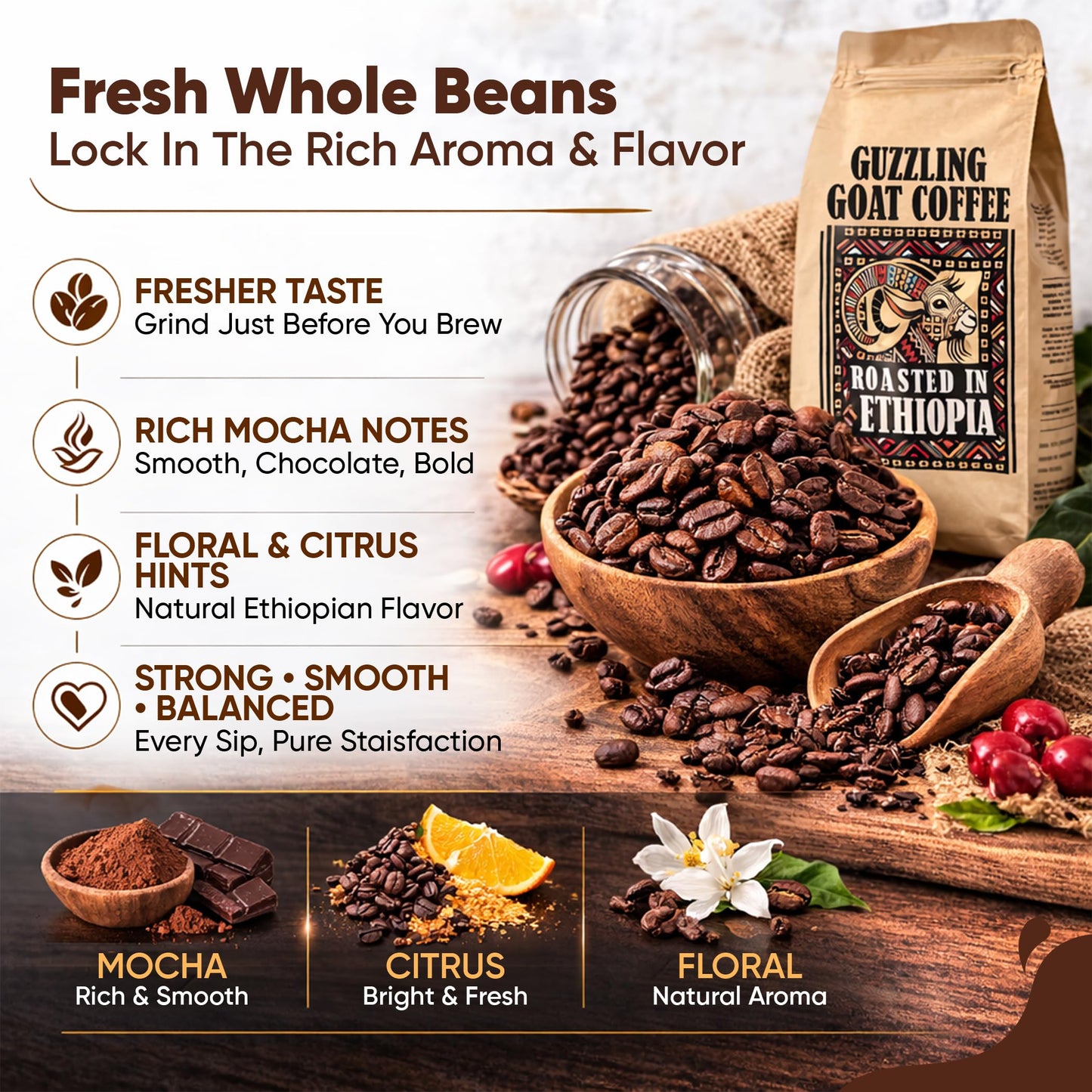 Guzzling Goat Ethiopian Coffee Beans | Premium 100% Arabica Whole Bean Coffee Medium Roast | Strong Flavorful Brew | Sourced & Roasted in Ethiopia | 1