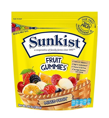Sunkist Fruit Gummies Mixed Fruit, 28 oz Resealable Stand-Up Bag, Real Fruit First Ingredient, Fruit Shaped Candy, Vitamin C