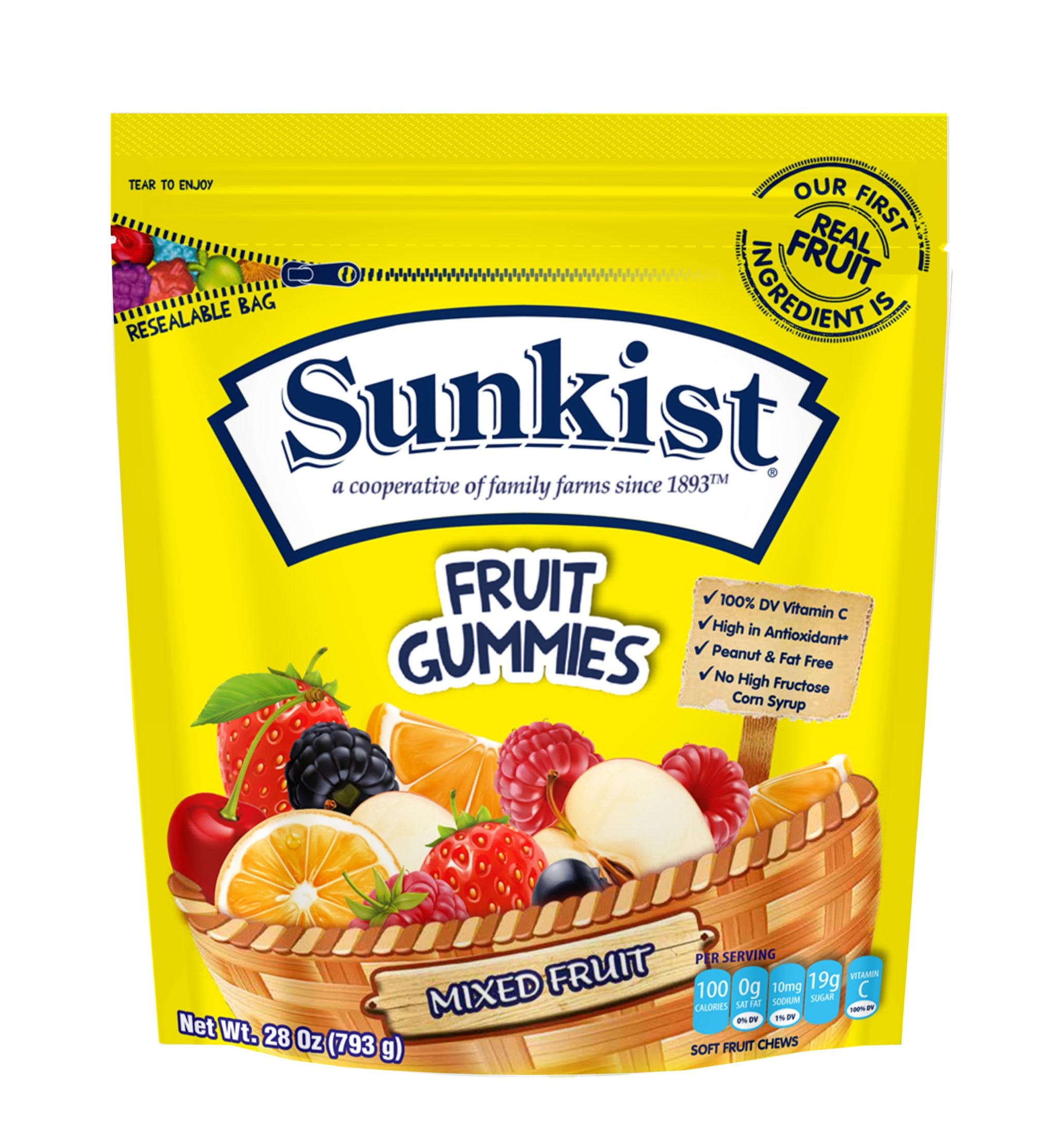 Sunkist Fruit Gummies Mixed Fruit, 28 oz Resealable Stand-Up Bag, Real Fruit First Ingredient, Fruit Shaped Candy, Vitamin C