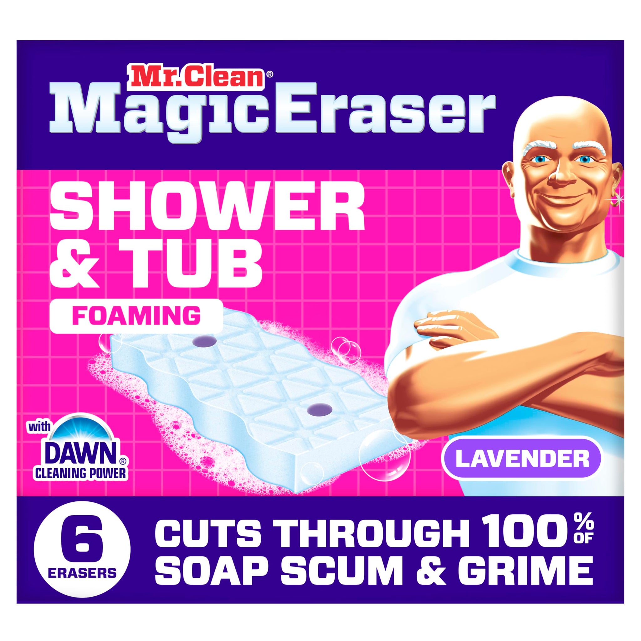Mr. Clean Magic Eraser Sponge, Bathroom, Shower, Tub Cleaner, Soap Scum Remover, Bathroom Cleaning Supplies, Dawn Cleaning Power with Lavender Scent