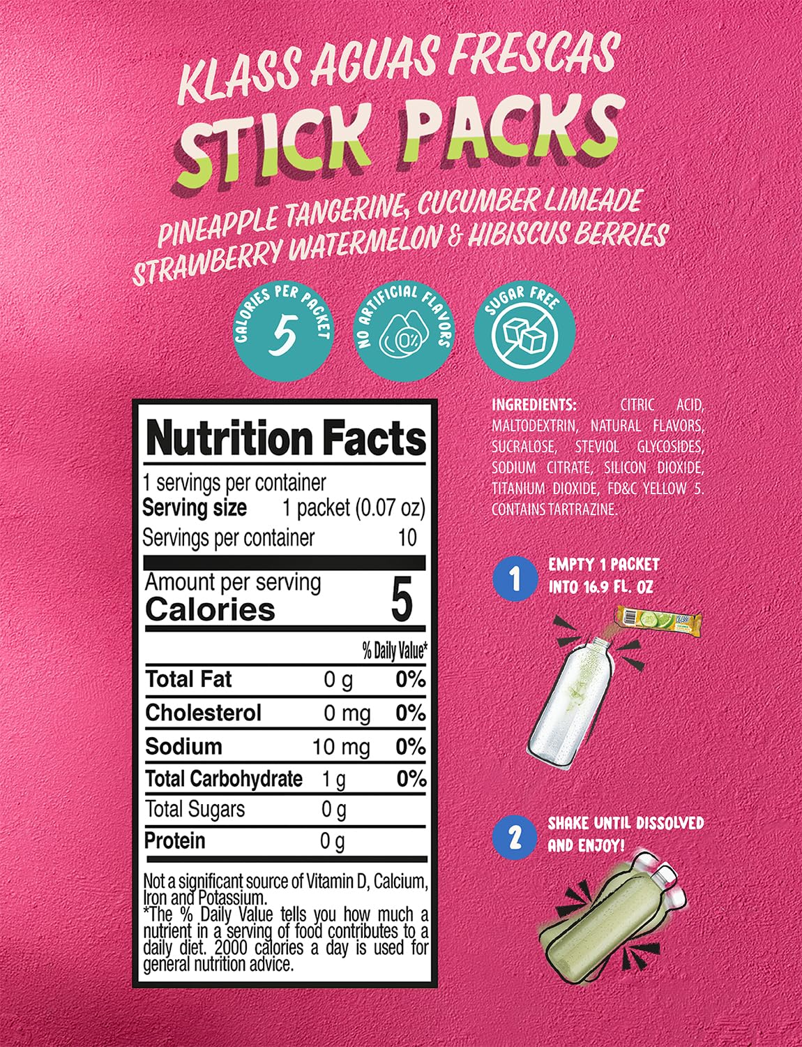 Klass Aguas Frescas, Powdered Drink Mix Variety Pack, 40 Singles Zero Sugar & Caffeine-Free Powder Packets, Water Drink Mix, Flavors: Cucumber