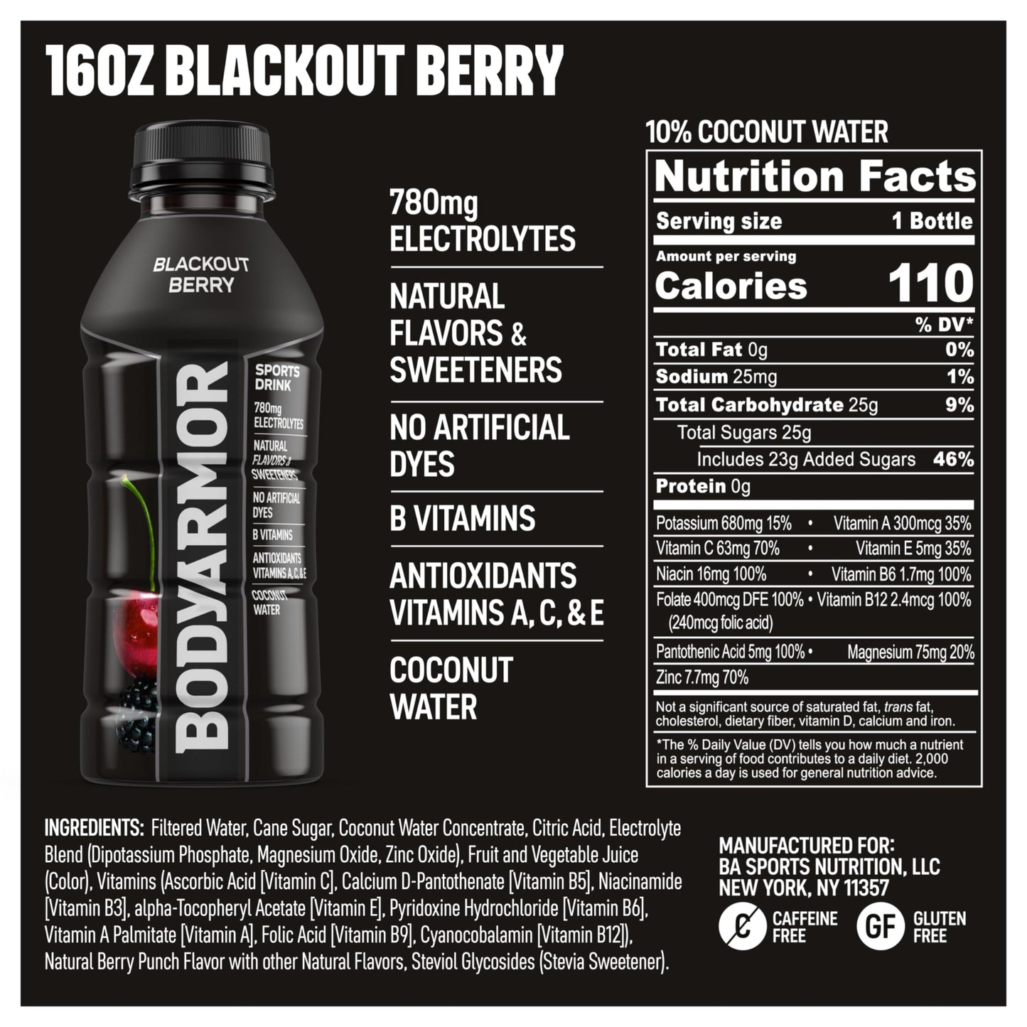 BODYARMOR Sports Drink, Blackout Berry, Electrolyte Drink Hydration, 16 Fl Oz Bottles (12 Pack), Flavored Coconut Water with B Vitamins & Antioxidants