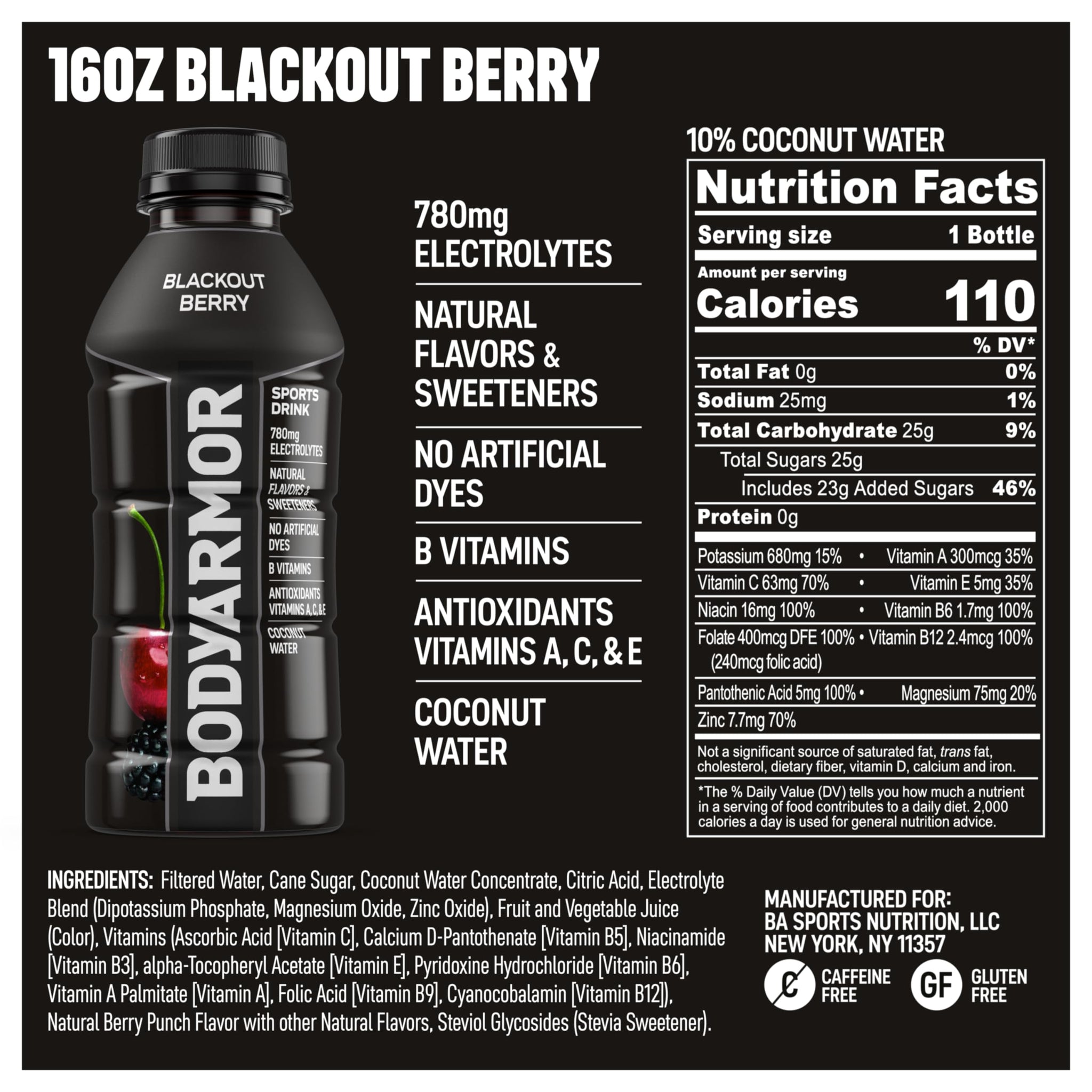 BODYARMOR Sports Drink, Blackout Berry, Electrolyte Drink Hydration, 16 Fl Oz Bottles (12 Pack), Flavored Coconut Water with B Vitamins & Antioxidants