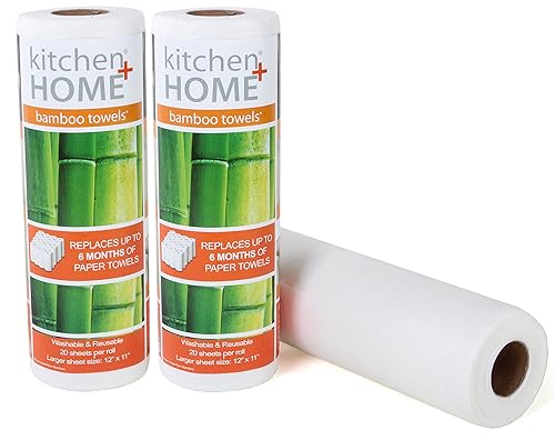 Kitchen + Home Paper Towel Alternative - Heavy Duty Washable Reusable Rayon Towels Made From Bamboo - One roll replaces 6 months of towels! 2 Pack