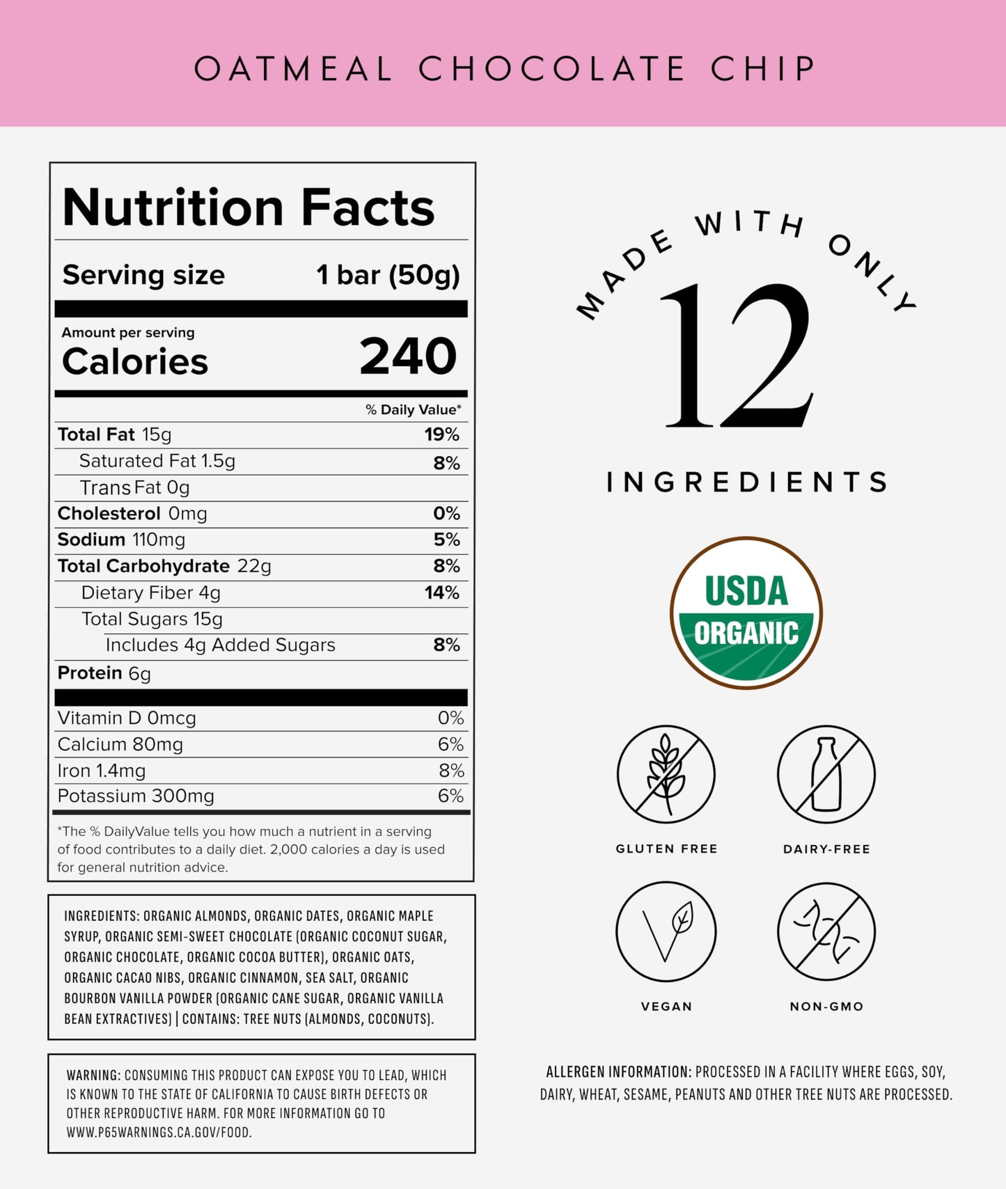 Truvani Plant Based Snack Bars | Oatmeal Chocolate Chip 1 Pack | 6g Protein | USDA Organic and Vegan | The Only Bar | Dairy, Soy, and Gluten Free |