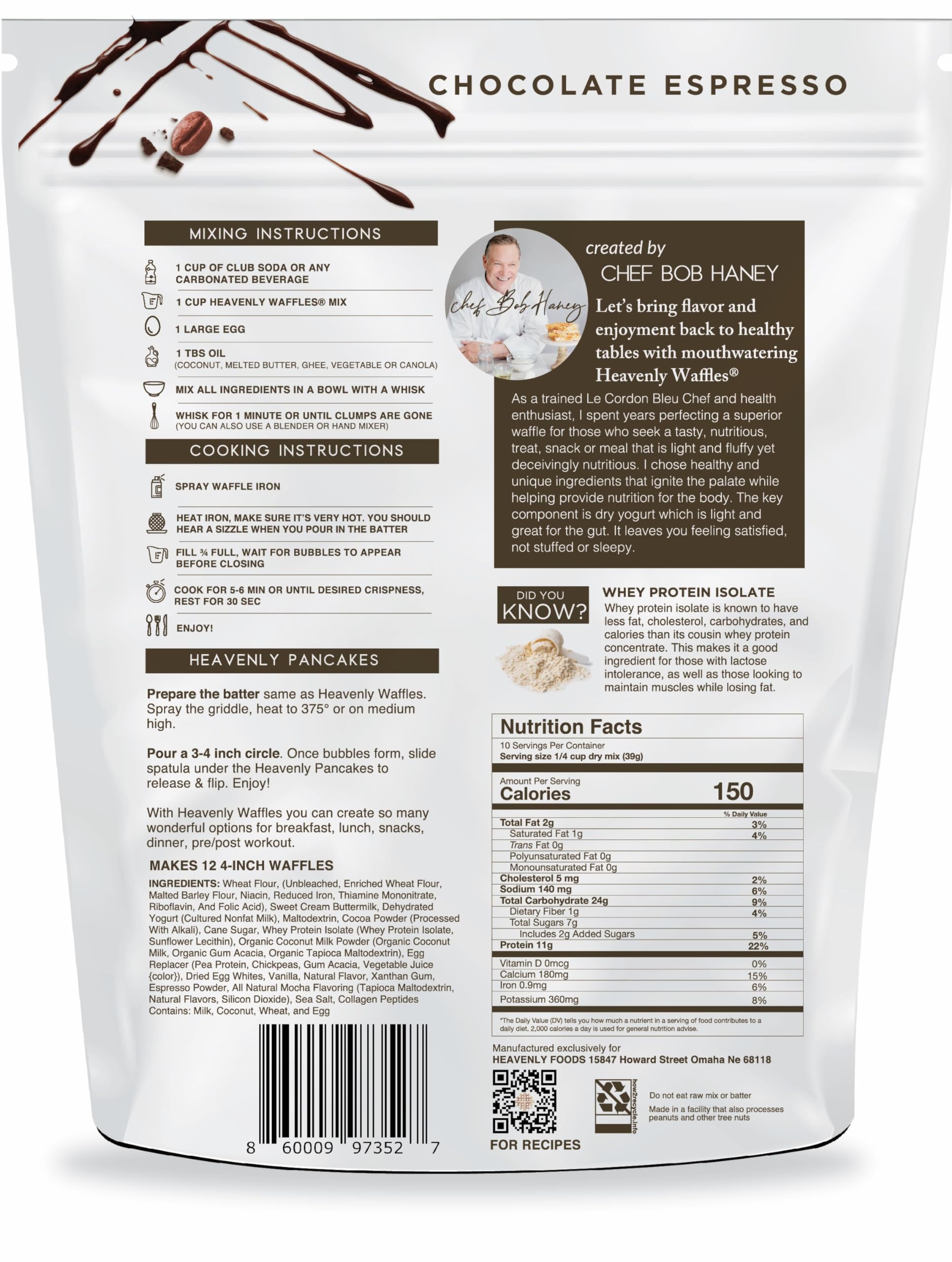 Heavenly Waffles® Mix, Chocolate Espresso, 11g Protein, Yogurt Based, Healthy and Nutritiously Balanced, Superior Tasting Waffles and Pancakes, 13.5 oz Pouch
