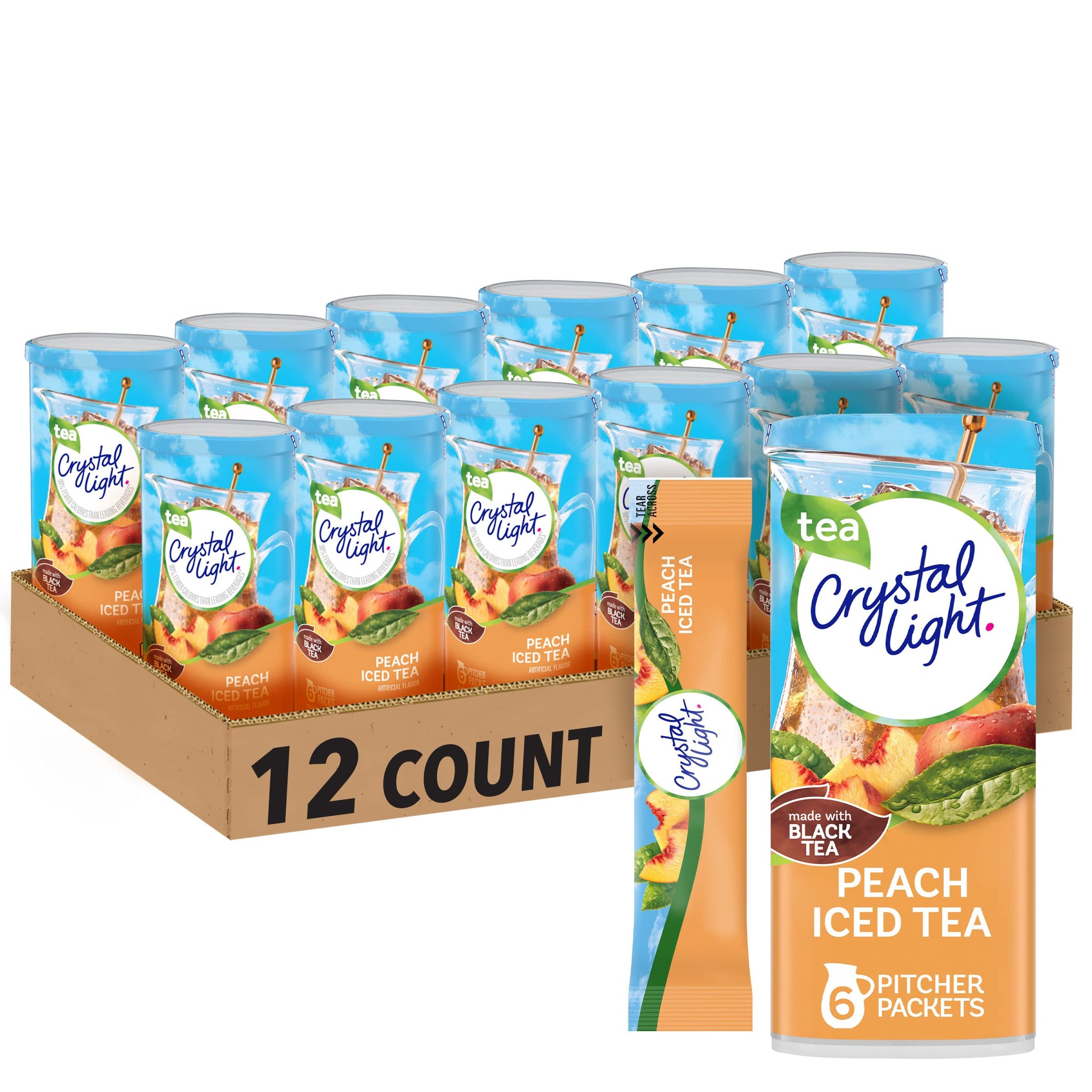 Crystal Light Drink Mix, 72 Pitcher Packets, for Flavorful Hydration and Shareable Refreshment, Artificially Flavored Peach Iced Tea, Made with Black