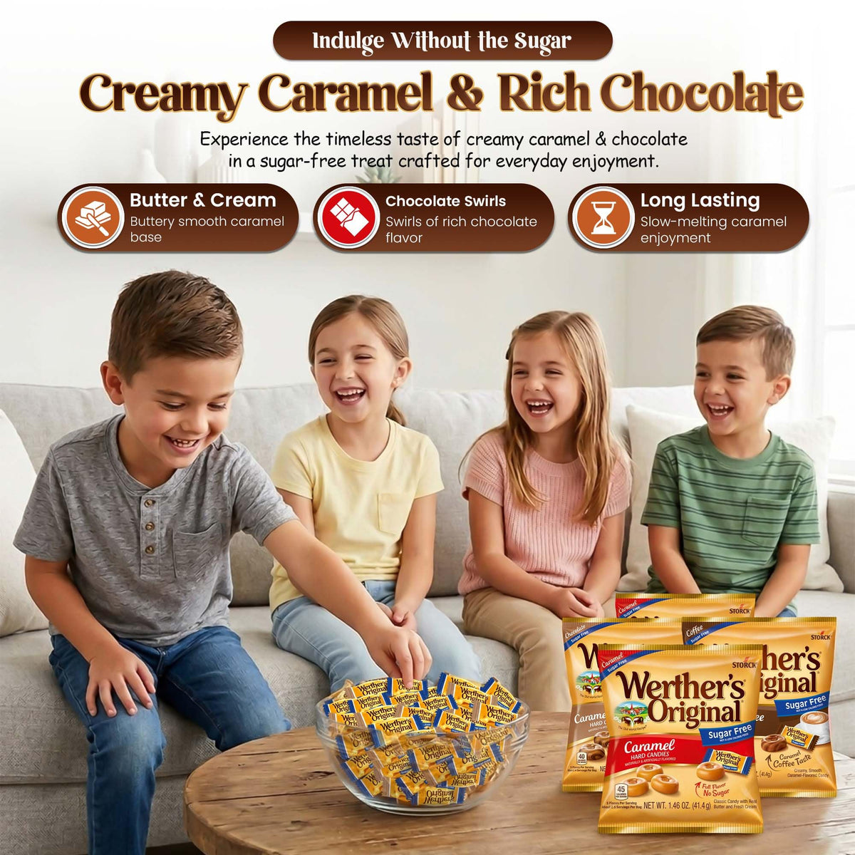 Werthers Original Sugar Free Hard Candy Assortment - Caramel, Chocolate & Coffee Flavors - Pack of 4 (1.46 oz) - Individually Wrapped Zero Sugar