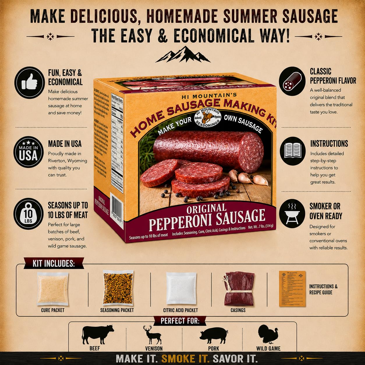 Hi Mountain Seasonings ? Pepperoni Sausage Seasoning Kit ? Includes 10 Casings, Seasoning, Cure, & Directions ? Seasons up to 30lbs of Meat ? Beef
