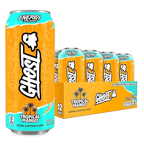 GHOST Energy Drink - 12-Pack, Tropical Mango, 16oz Cans - Energy & Focus & No Artificial Colors - 200mg of Natural Caffeine, L-Carnitine & Taurine