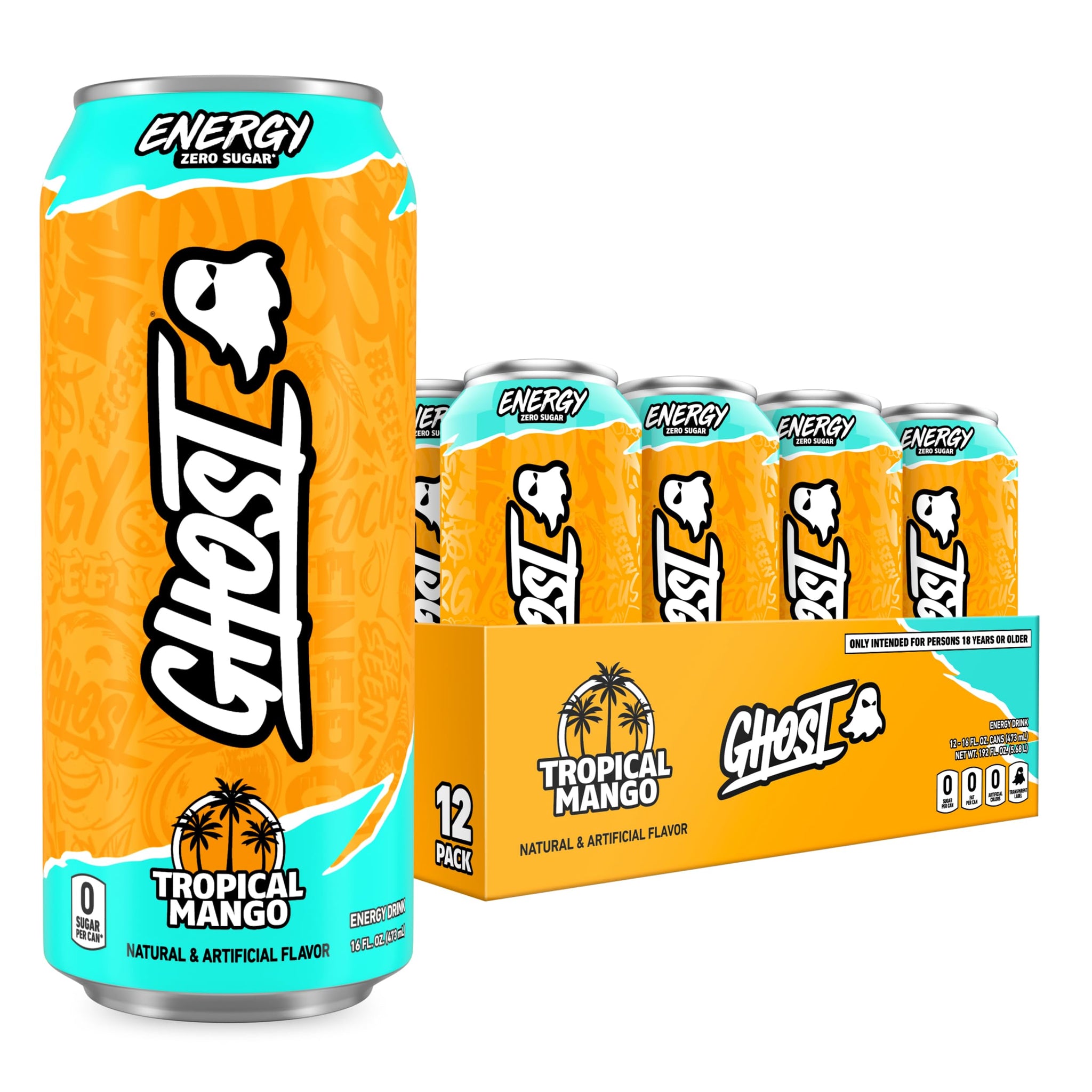 GHOST Energy Drink - 12-Pack, Tropical Mango, 16oz Cans - Energy & Focus & No Artificial Colors - 200mg of Natural Caffeine, L-Carnitine & Taurine