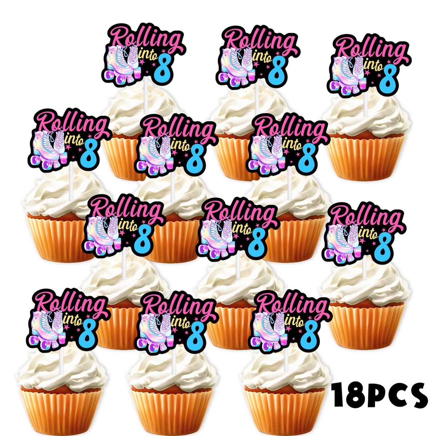 18pcs Black Glitter Pink Roller Skates Dessert Cupcake Topper 80s 90s Retro Hip Hop Roller Skating Rolling into 8 Theme Decor Supplies Boy Girl 8th