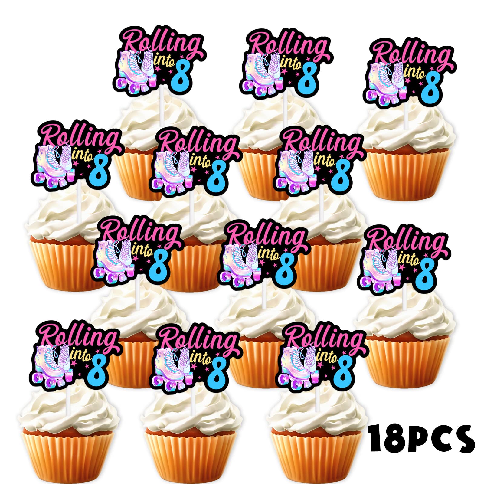 18pcs Black Glitter Pink Roller Skates Dessert Cupcake Topper 80s 90s Retro Hip Hop Roller Skating Rolling into 8 Theme Decor Supplies Boy Girl 8th