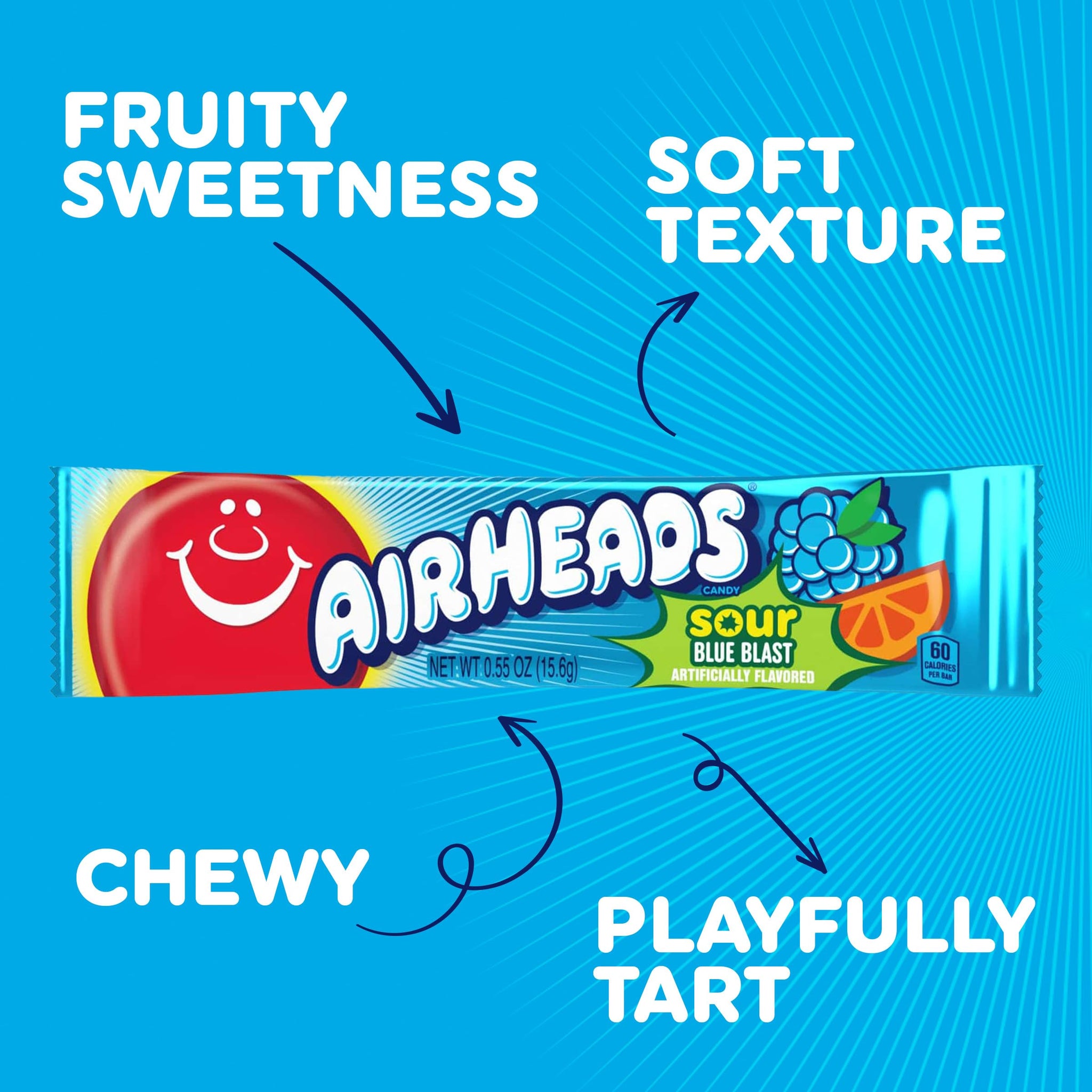 Airheads SOUR Candy Bars, Sour Blue Blast Flavored, Bulk, Concessions, Parties, Pack of 36 Bars