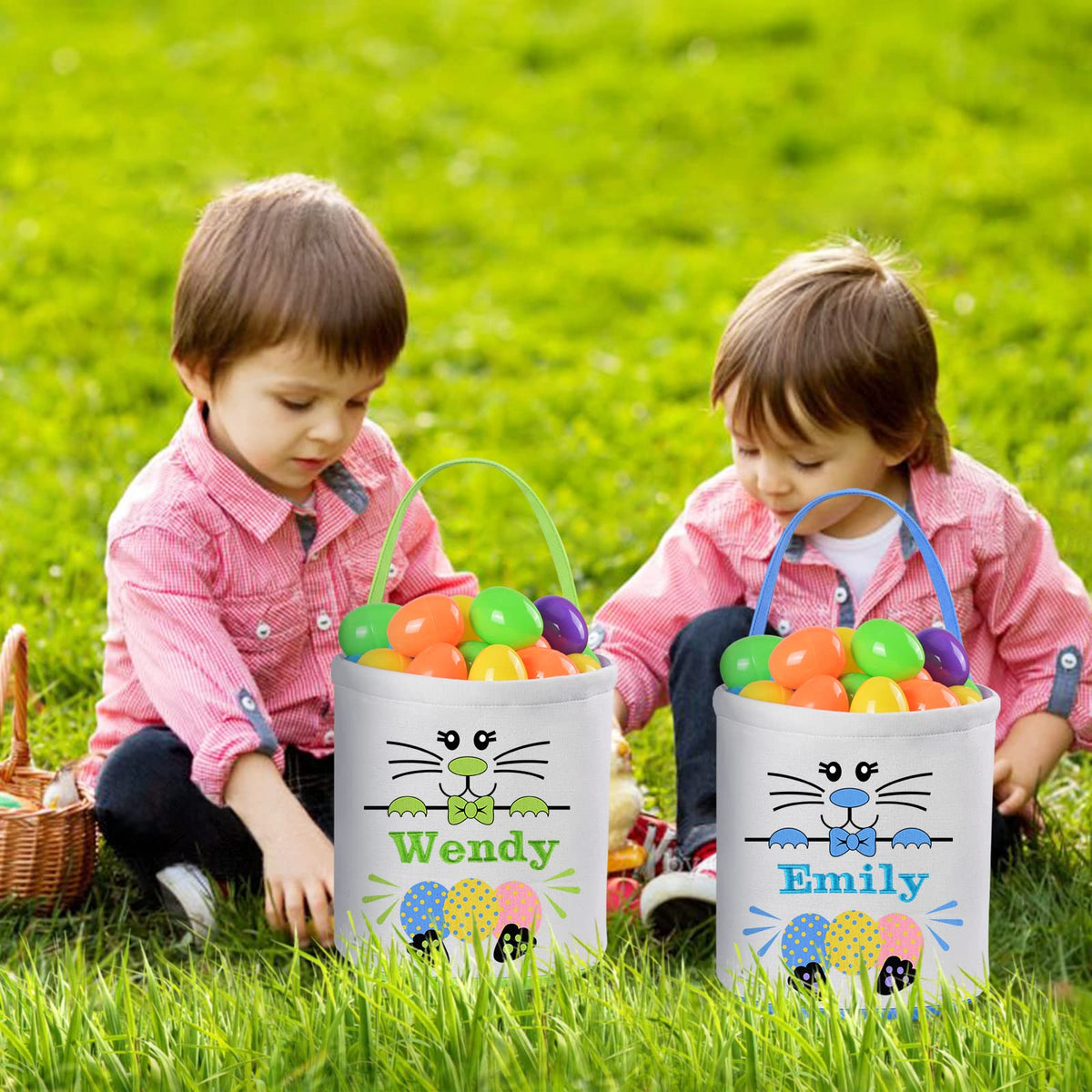 Personalized Easter Baskets for Kids, Touber 2 Pack Easter Bunny Basket Gifts Easter Eggs Hunt Baskets Personalized Easter Gifts Easter Baskets