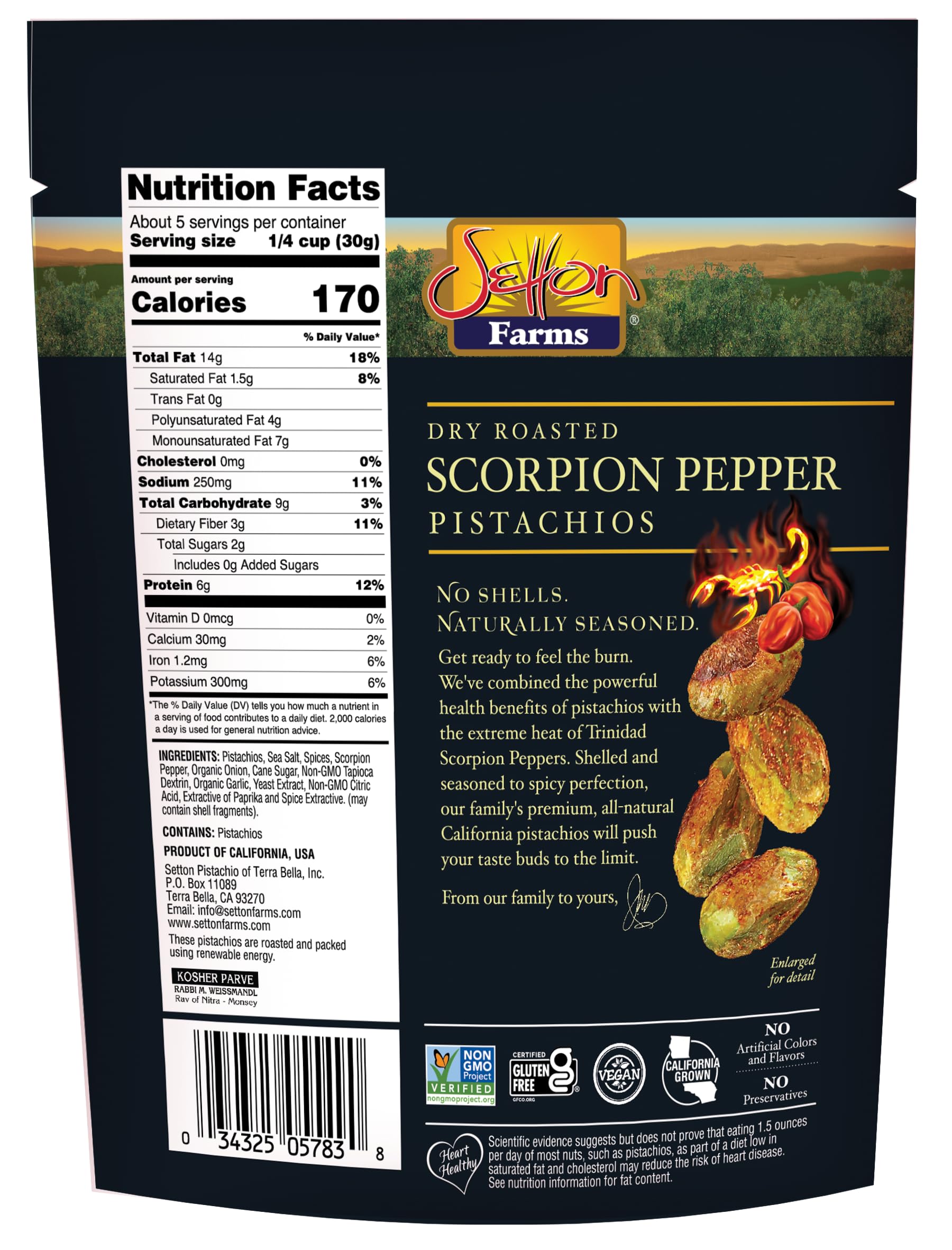 Setton Farms Pistachios, Scorpion Pepper Extreme Flavor, Naturally Seasoned, Dry Roasted No Shell, Non-GMO Project Verified, Gluten Free, Vegan