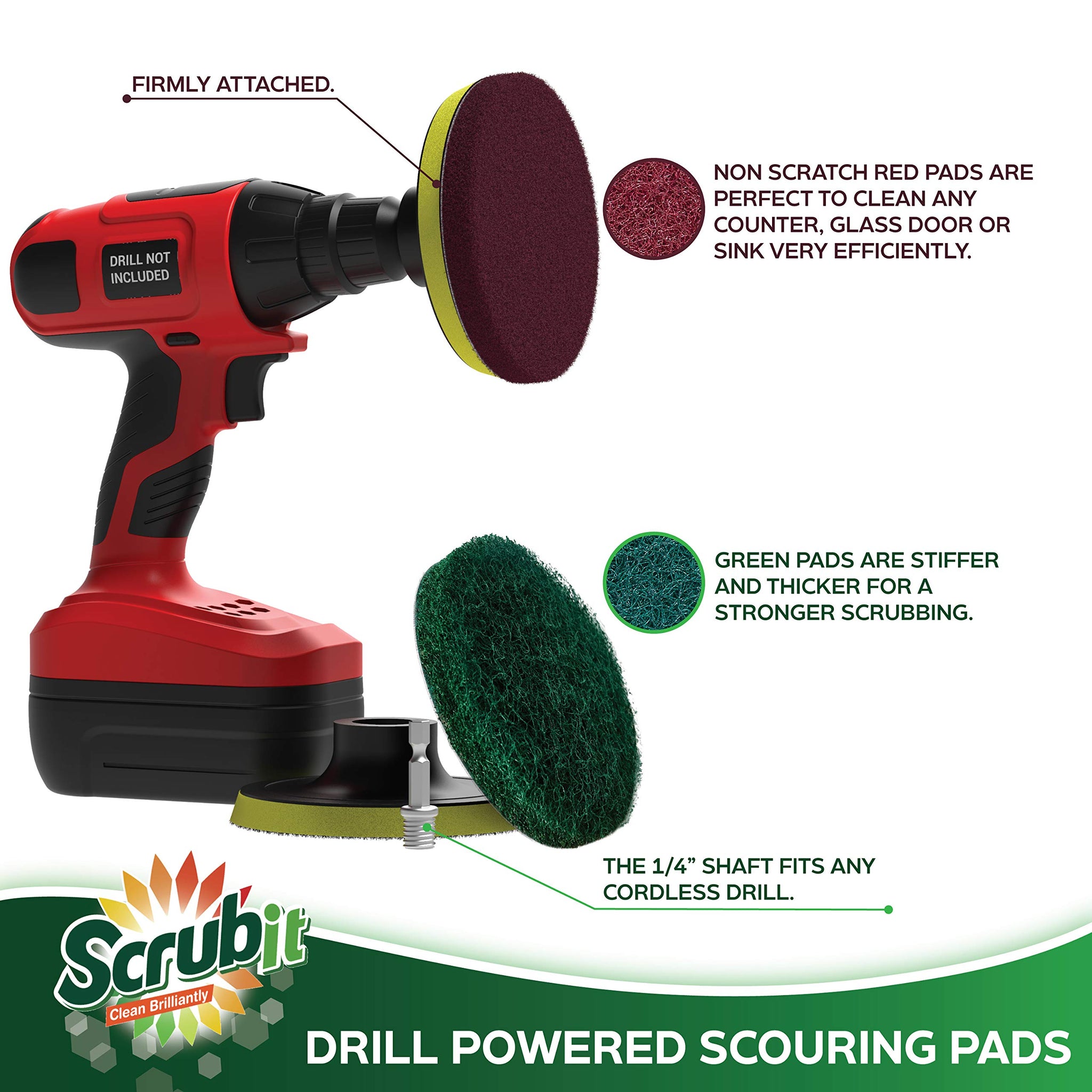 SCRUBIT Drill Brush Power Scouring Pads - Heavy Duty Tub and Tile Cleaner - Drill Scrubber Brush kit Includes Drill Attachment, 3 Red, 3 Stiff Green