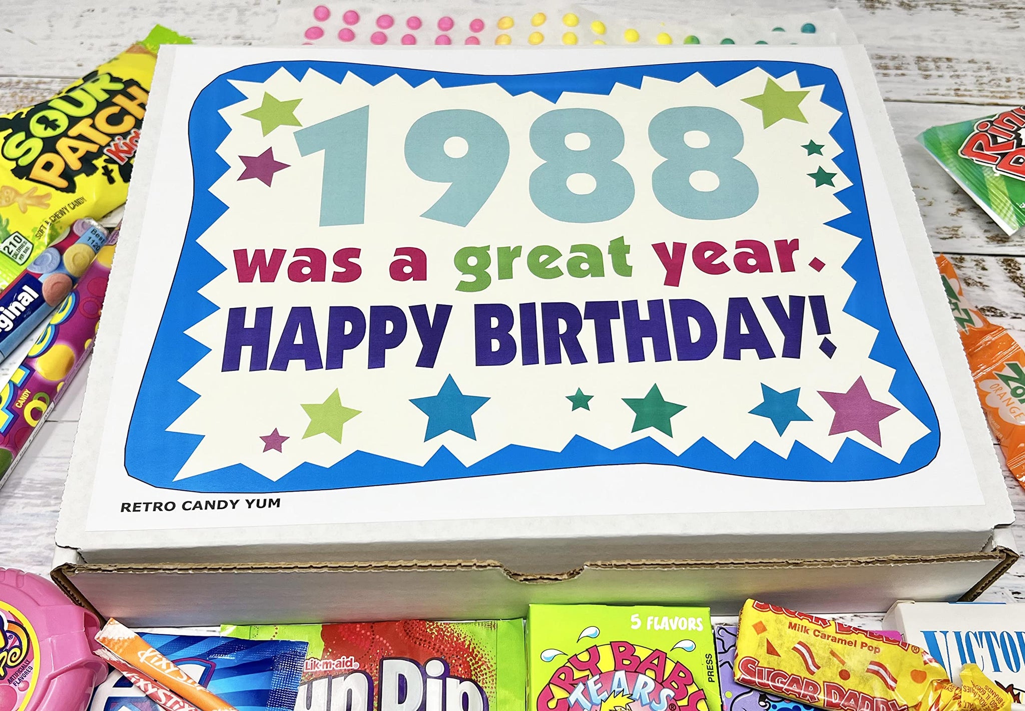 RETRO CANDY YUM ~ 1988 38th Birthday Gift Box of Nostalgic Candy from Childhood for 38 Year Old Man or Woman Born 1988