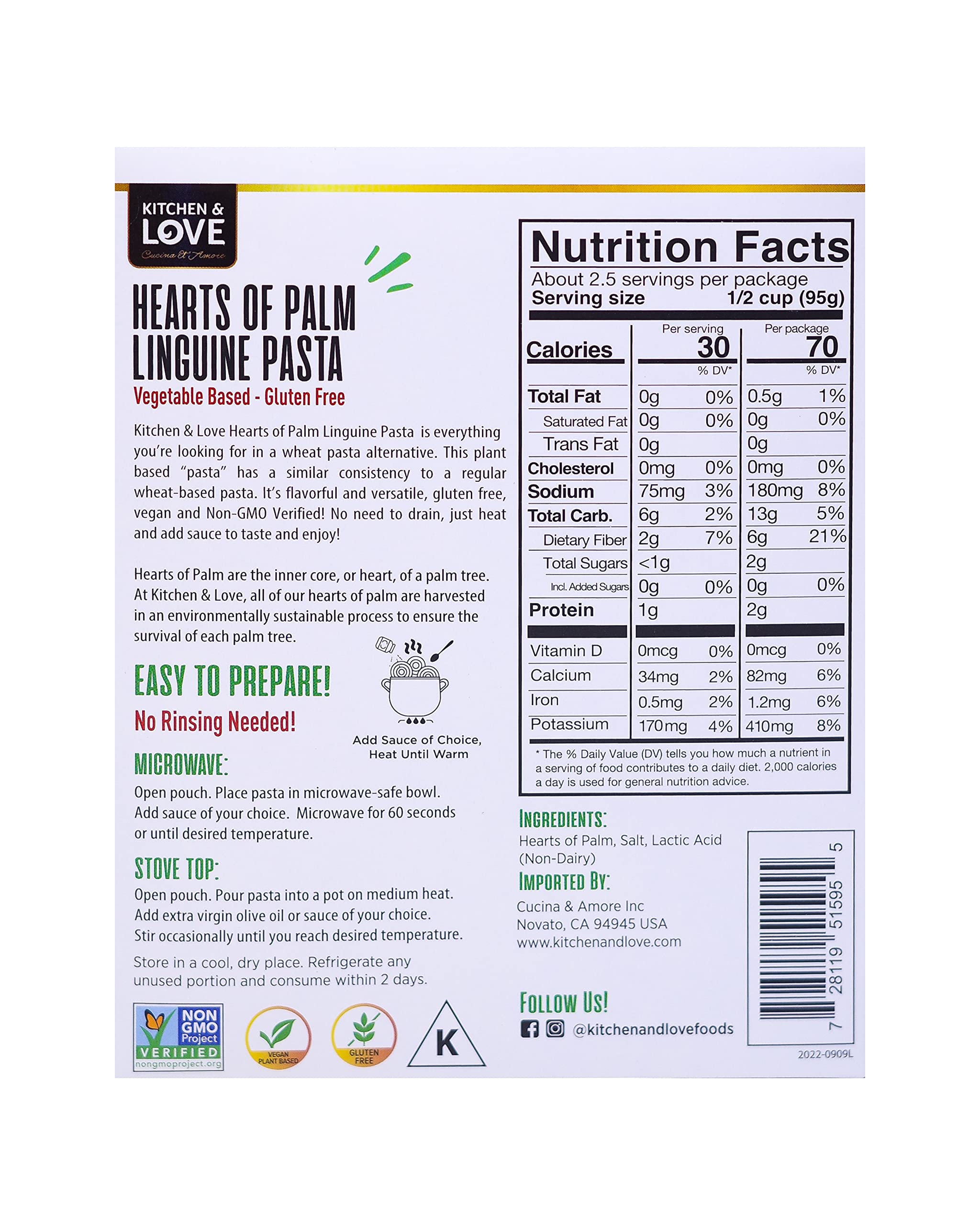 Kitchen & Love Hearts of Palm Linguine, Low Carb, Low Calories, Plant Based, Non GMO, Gluten Free Pasta Alternative, Vegan, Easy to Prepare, Quick