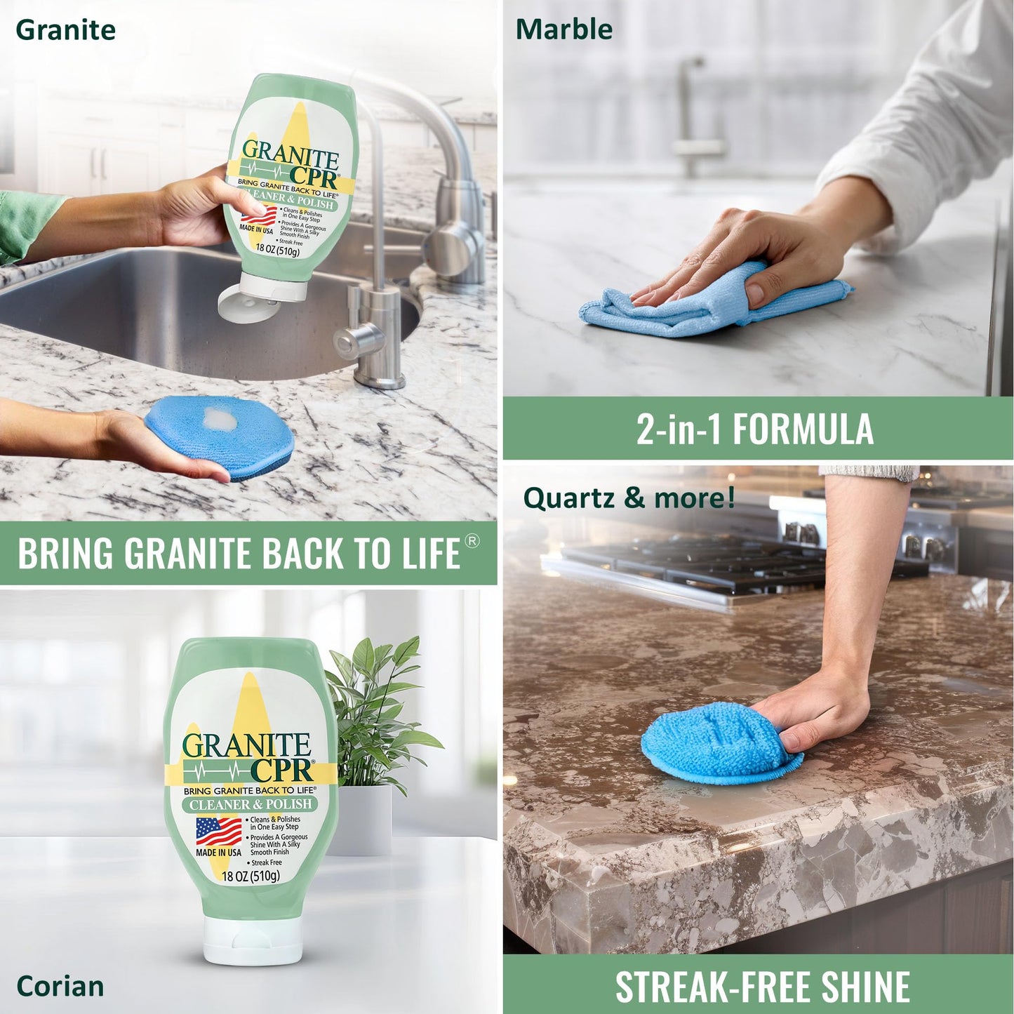 Granite CPR Cleaner & Polish Can Be Used Daily On Granite, Marble, Quartz & Corian. Leaves A Gorgeous Streak-Free Shine & Silky Smooth Finish. Cleans