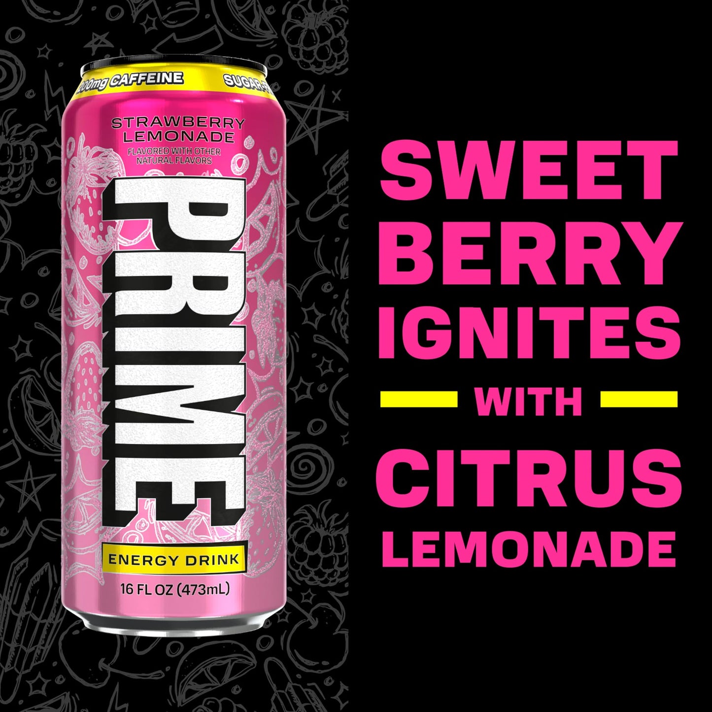 PRIME Energy STRAWBERRY LEMONADE, Sugar Free Energy Drink, 200mg Caffeine and 355mg of Electrolytes for Hydration, Low Calorie, Vegan, Gluten Free,16