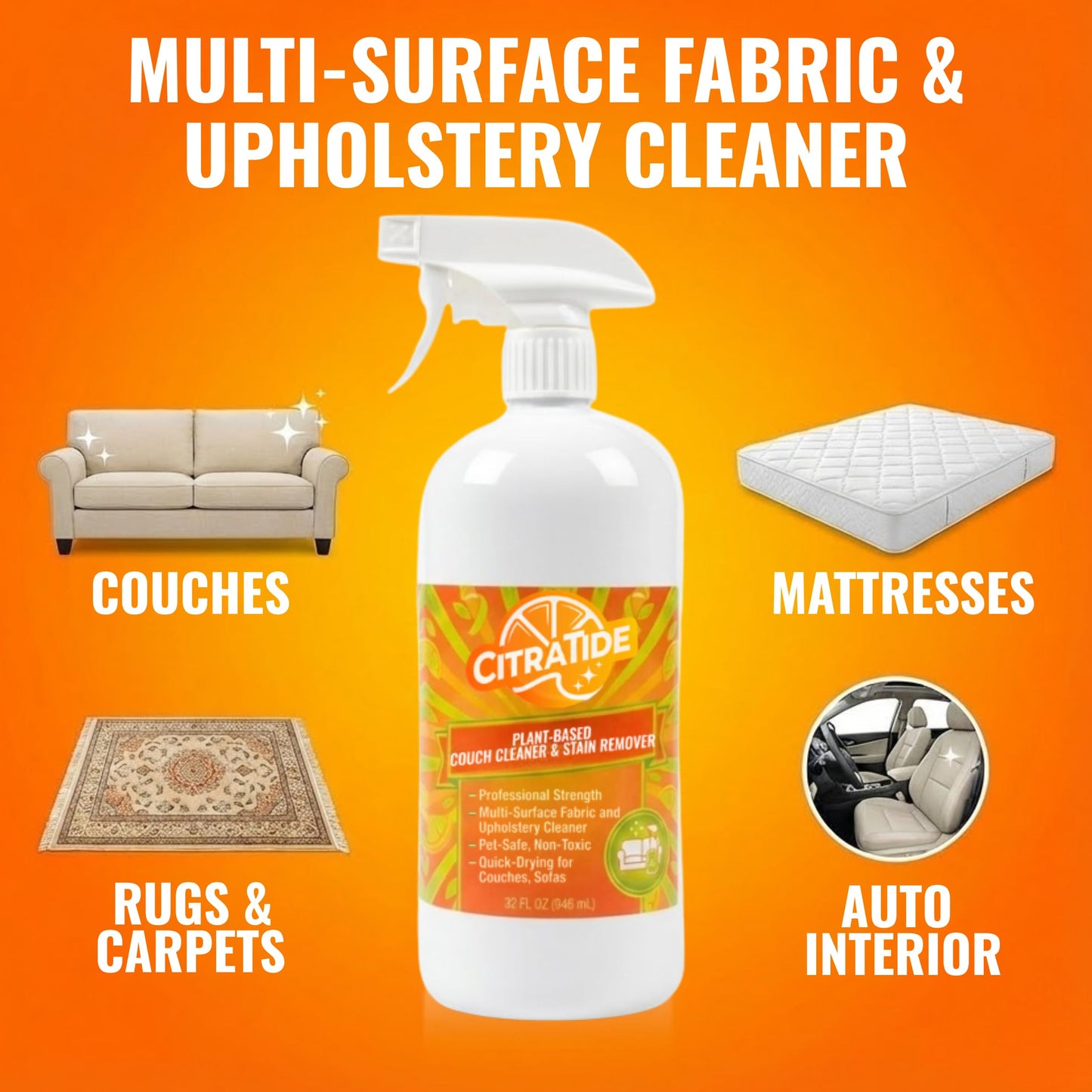 CITRATIDE Plant-Based Couch Cleaner & Stain Remover Spray - Upholstery & Fabric Cleaner for Sofas, Couches & Car Interiors - Pet & Kid Safe