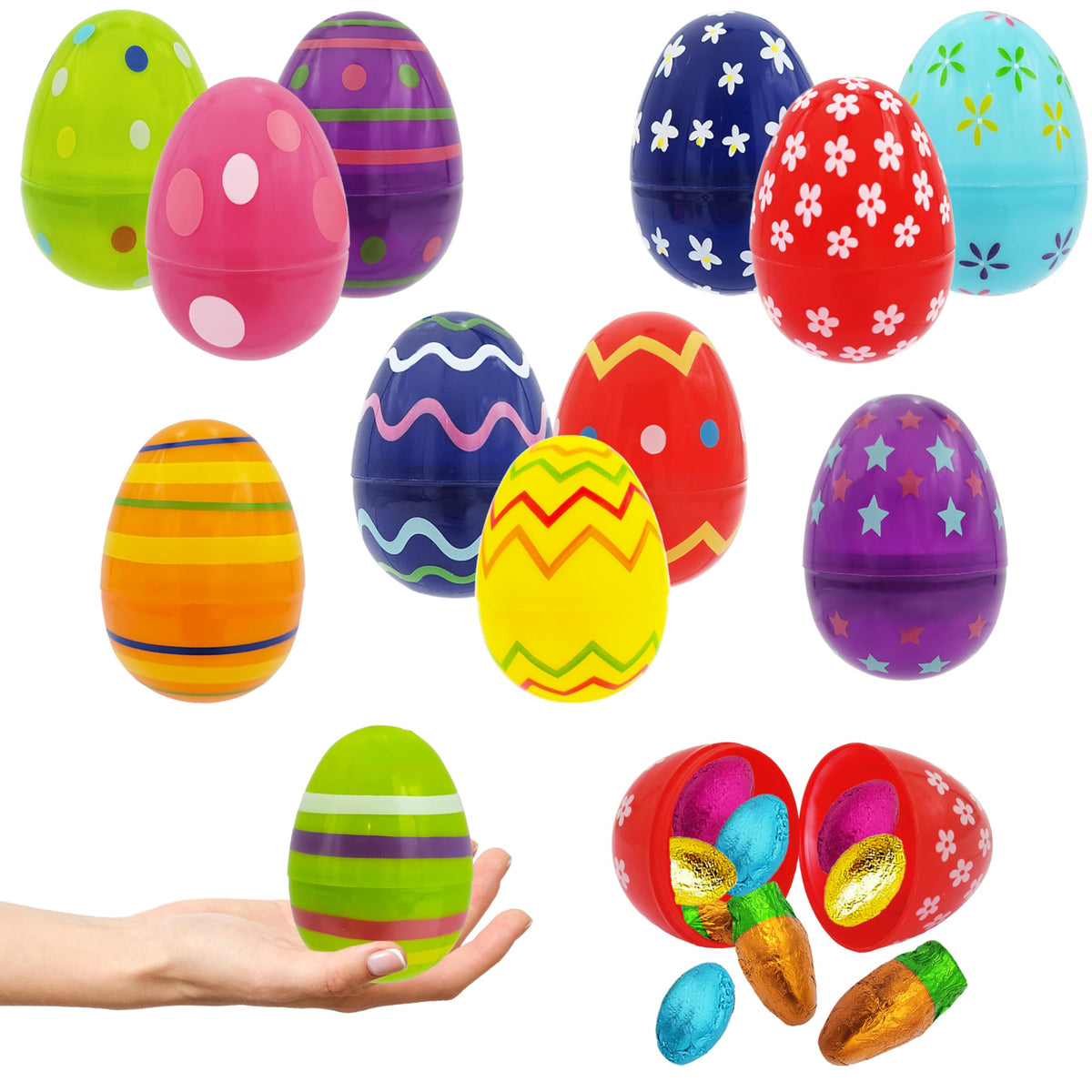 Chochkees 200-Pack Painted Fillable Easter Eggs with Hinge Bulk Colorful Painted Plastic Easter Eggs, Perfect for Easter Egg Hunt, Surprise Egg