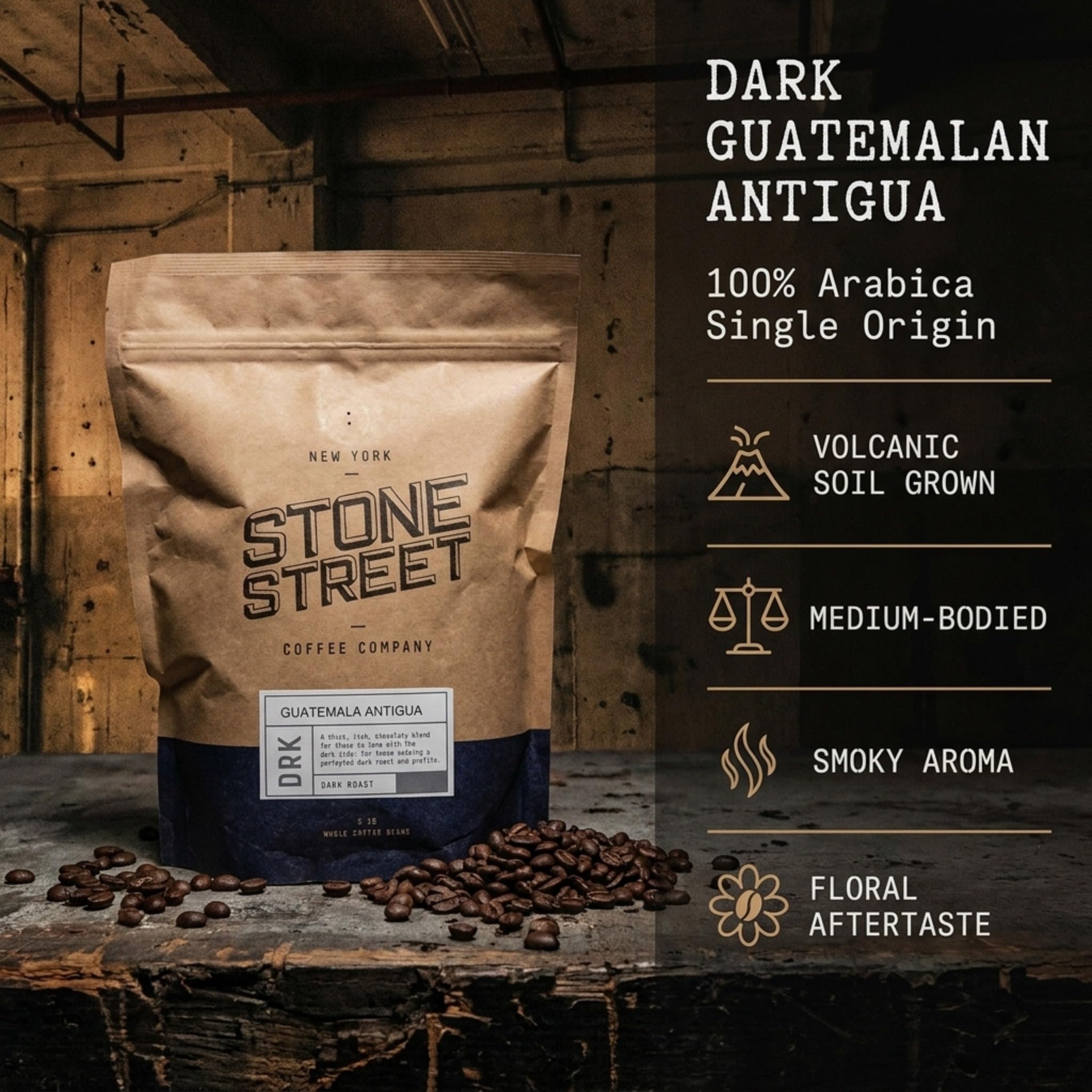 Stone Street Gourmet Guatemala Antigua Coffee, Whole Bean, Dark Roast, Single Origin, 1 LB Bag, Volcanic/High Altitude Soil