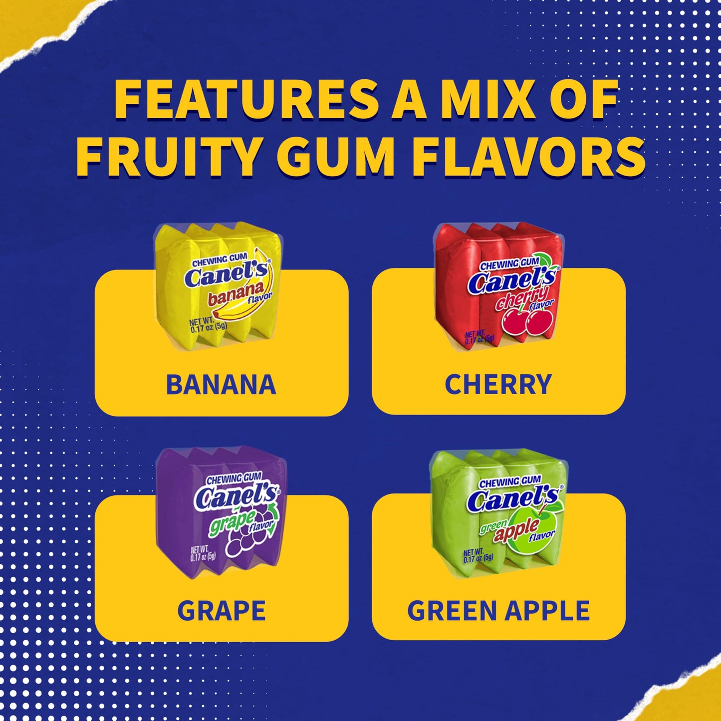 Canel’s Fruit Flavor Chewing Gum, 4 Piece Packs with Cherry, Banana, Grape, and Apple, for Parties and Candy Bars, 60 Count (Pack of 1)