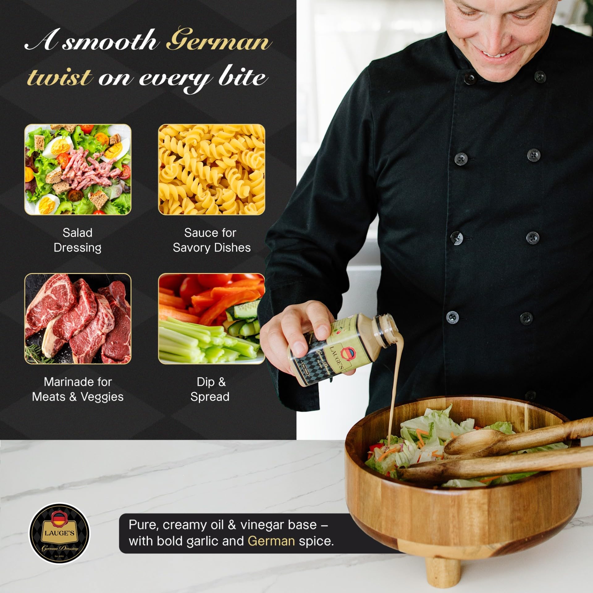 Lauge’s German Dressing - Creamy German Recipe with Organic High Oleic Sunflower Oil, Italian Vinegar & Fresh Garlic | Bold European Flavors | Dip