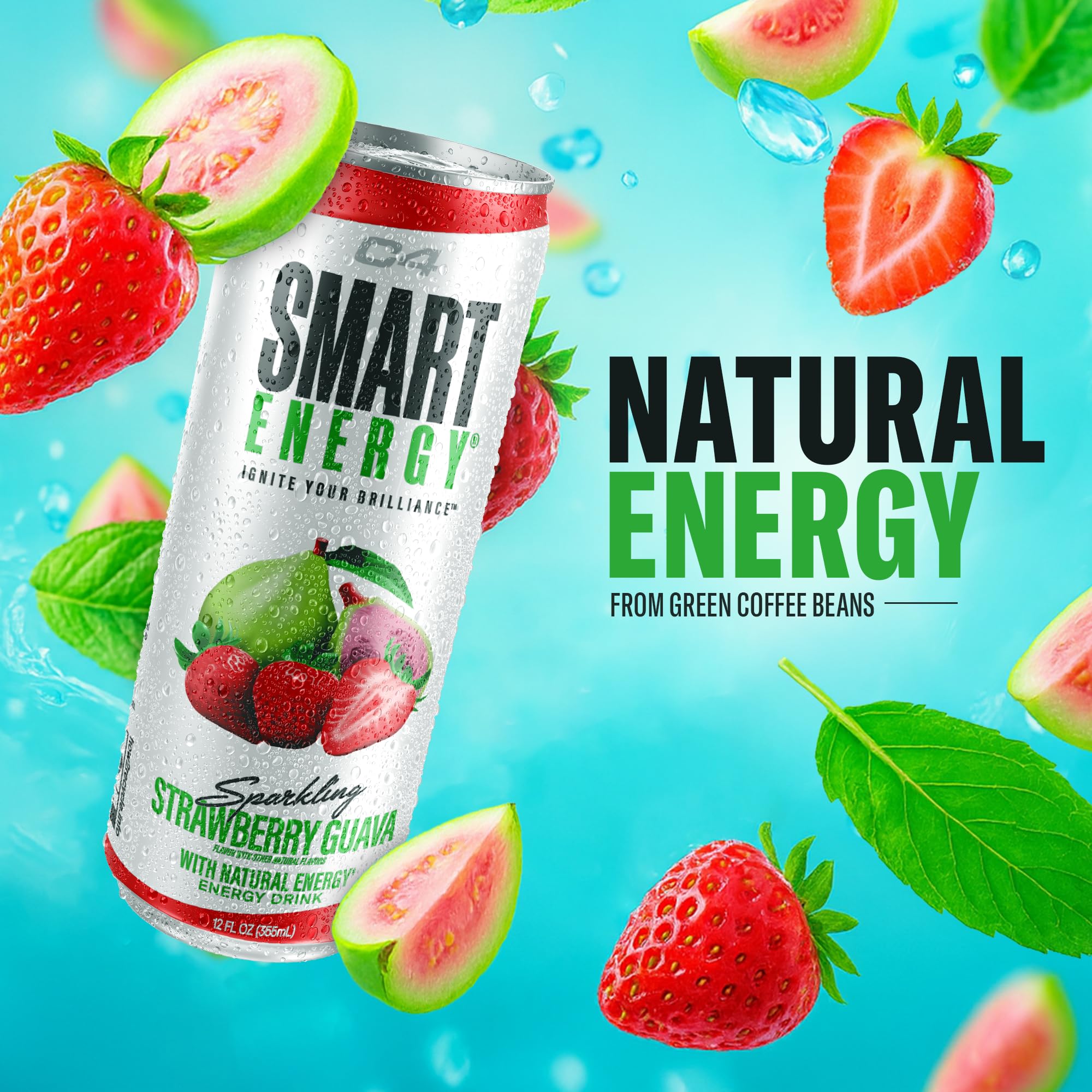 C4 Smart Energy Drink - Sugar Free Performance Fuel & Nootropic Brain Booster, Coffee Substitute or Alternative | Strawberry Guava 12 Oz - 12 Pack