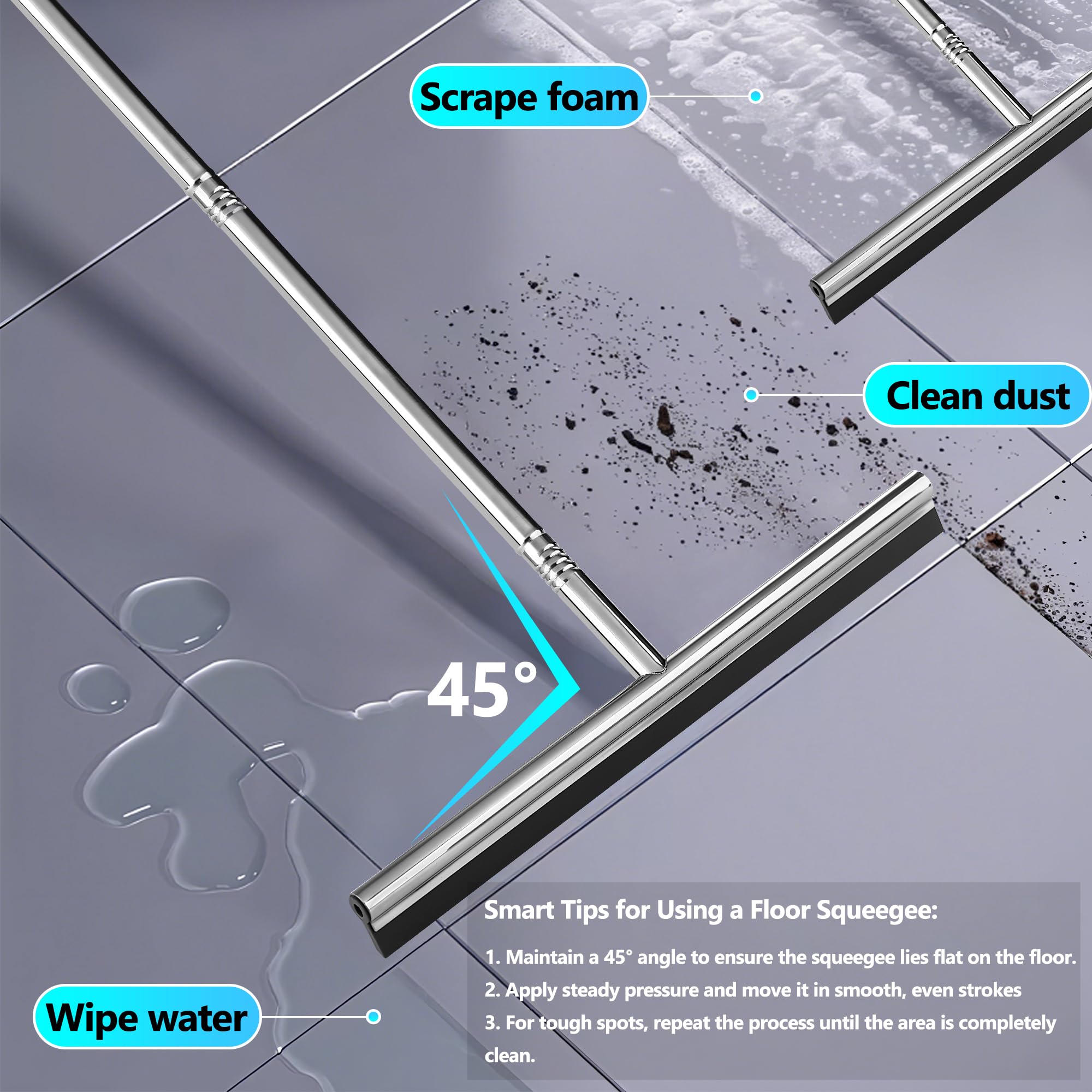 Eahwey Professional Heavy-Duty Floor Squeegee, 15" Wide Silicone Blade & 19"-59" Adjustable Pole, for Garage Floor, Driveway, Tile & Patio