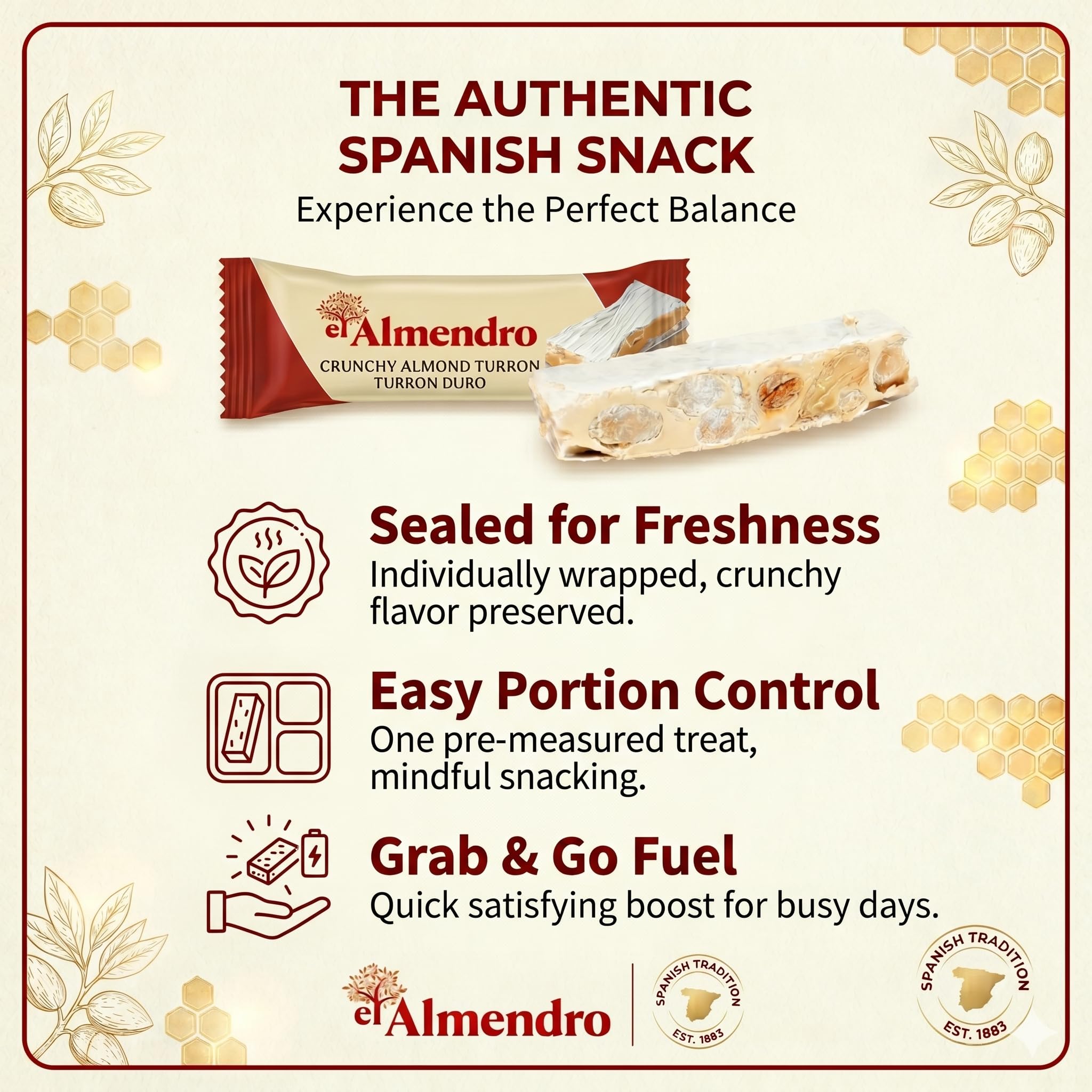 Crunchy Almond Turron Nougats From Spain, Traditional Spanish Candy Individually Wrapped, 24 Turron Duro Bars By El Almendro, Dessert, Gluten Free