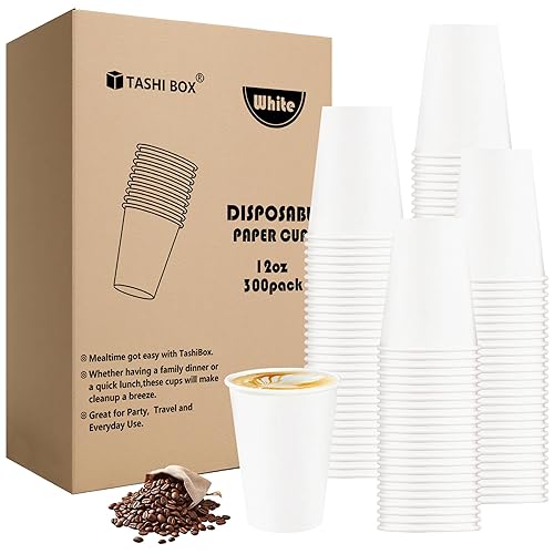 TashiBox 12 oz White Hot Drink Paper Cups - 300 Count - Disposable Paper Coffee Cups