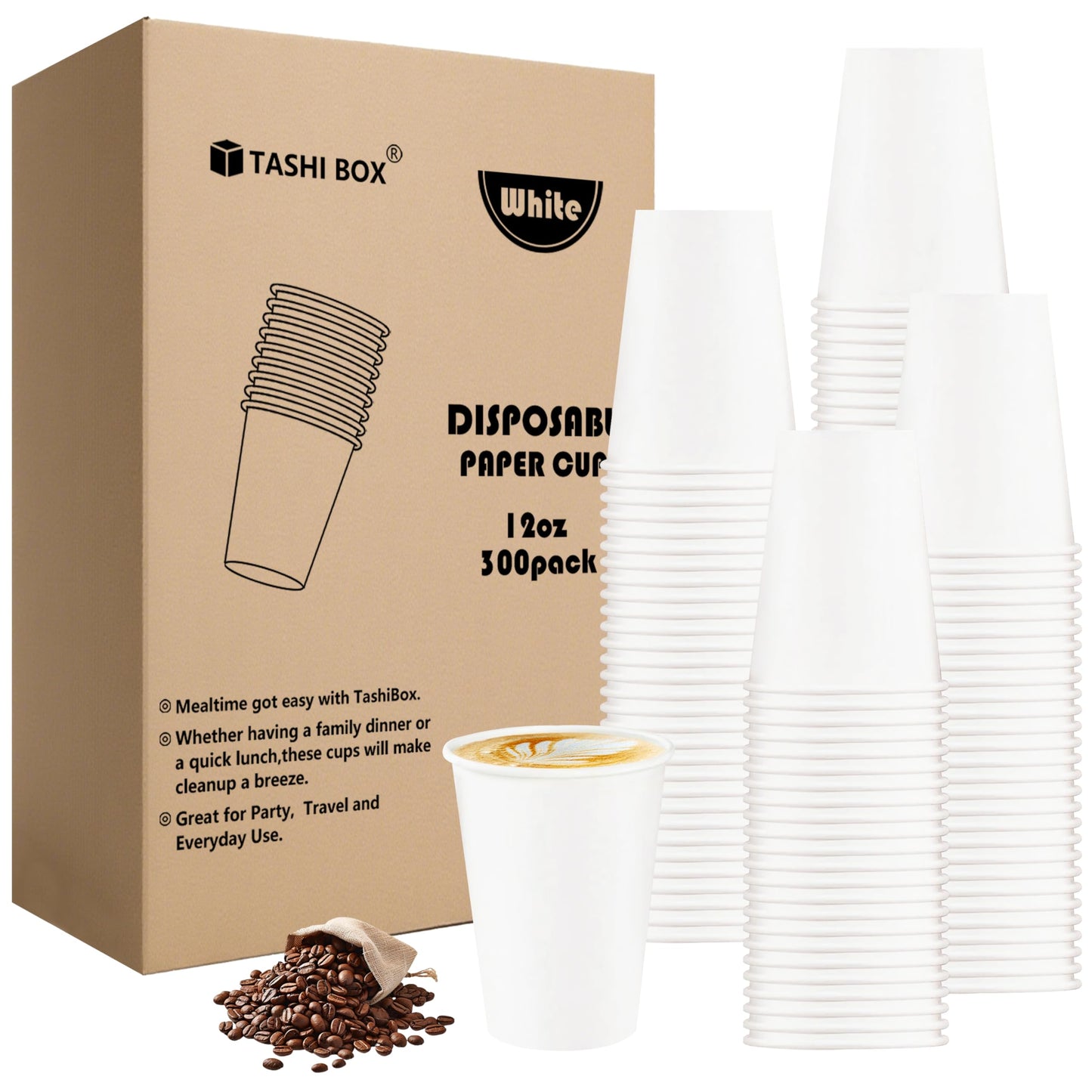 TashiBox 12 oz White Hot Drink Paper Cups - 300 Count - Disposable Paper Coffee Cups