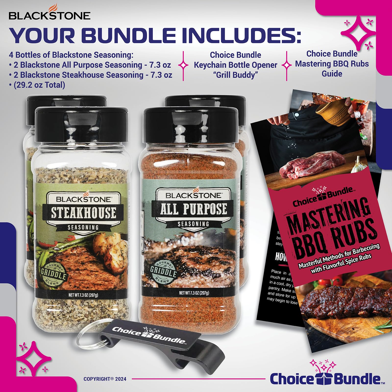 Blackstone All Purpose (AP) & Steakhouse Savory Seasoning - Gourmet Griddle Premium BBQ Barbecue Rub 4 Pk Choice Bundle (29.2 oz) + BBQ Guide & Opener