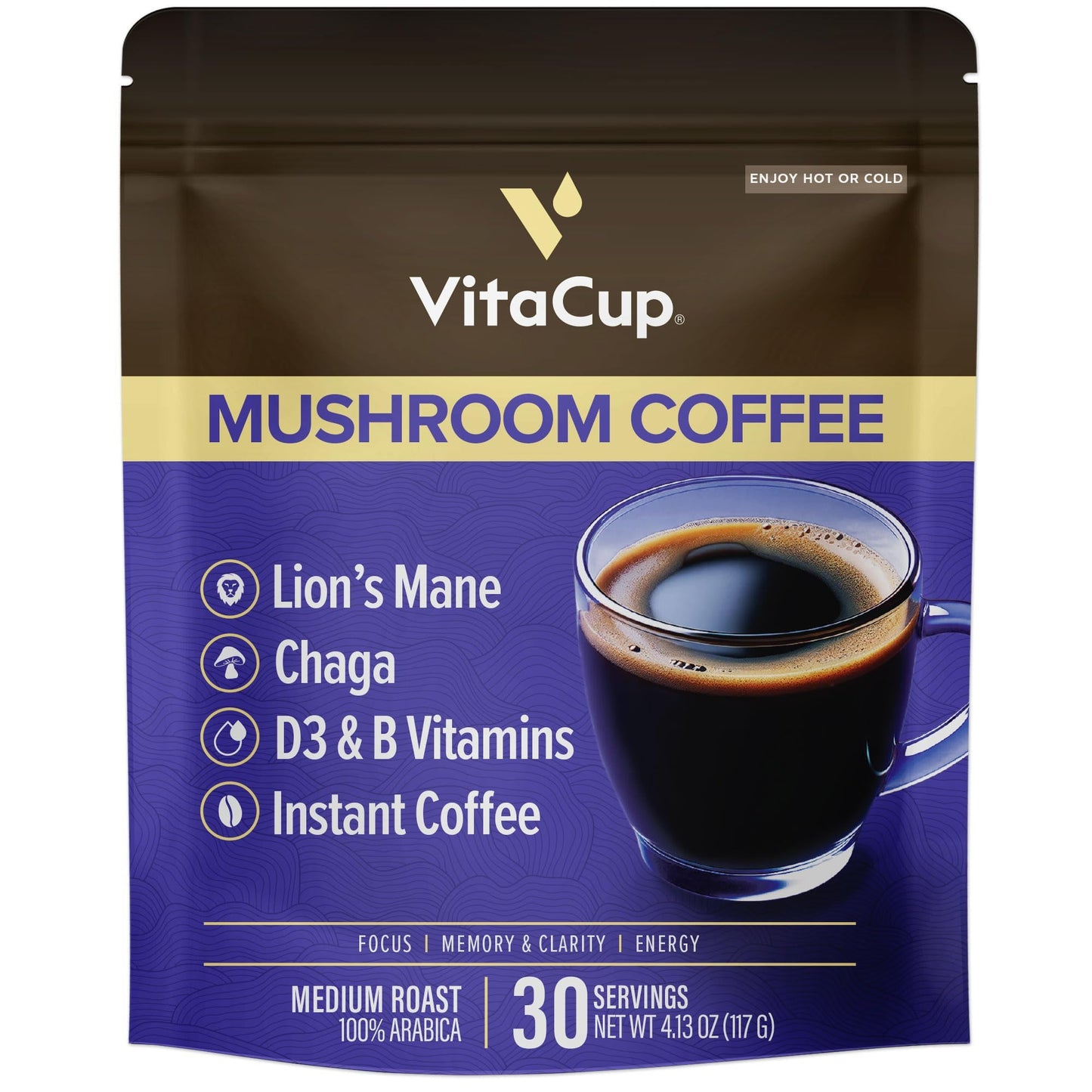 VitaCup Mushroom Instant Coffee | For Memory & Clarity Support | with Fiber, Chaga, Lion’s Mane | D3 & B Vitamins | Medium Roast 100% Arabica