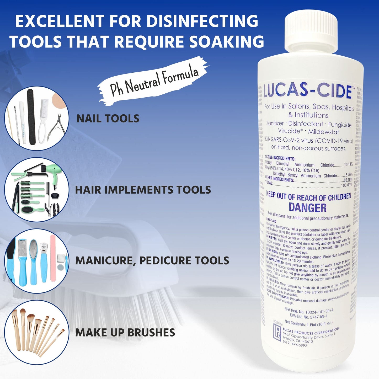 LUCAS-CIDE Salon and Spa Disinfectant Multipurpose Surface Sanitizer, EPA Disinfectant Cleaning Supplies Solution 16 Fl Oz - Blue