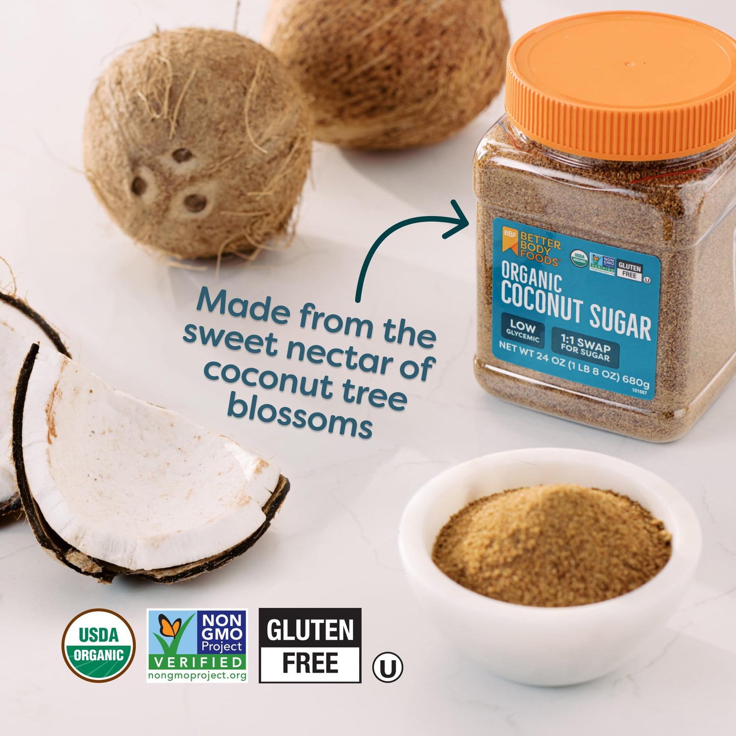 BetterBody Foods Organic Coconut Sugar, Gluten-Free, Non-GMO, Low Glycemic Sugar Substitute, 1.5 lbs, 24 Ounce