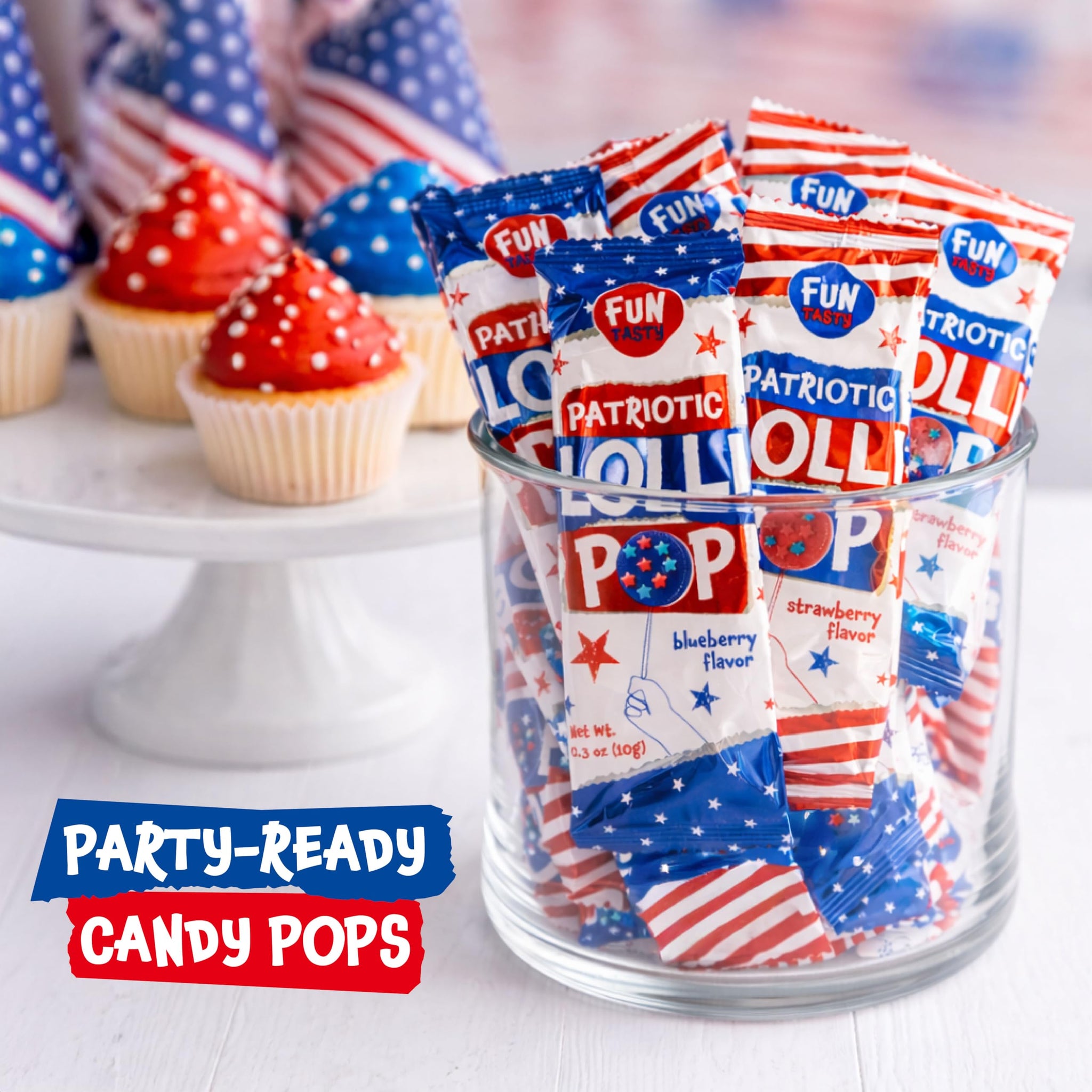 Patriotic Candy - 40 Count - 4th of July Lollipops Individually Wrapped - Red White and Blue Candy - Double-Sided Flat Lollipops - Strawberry